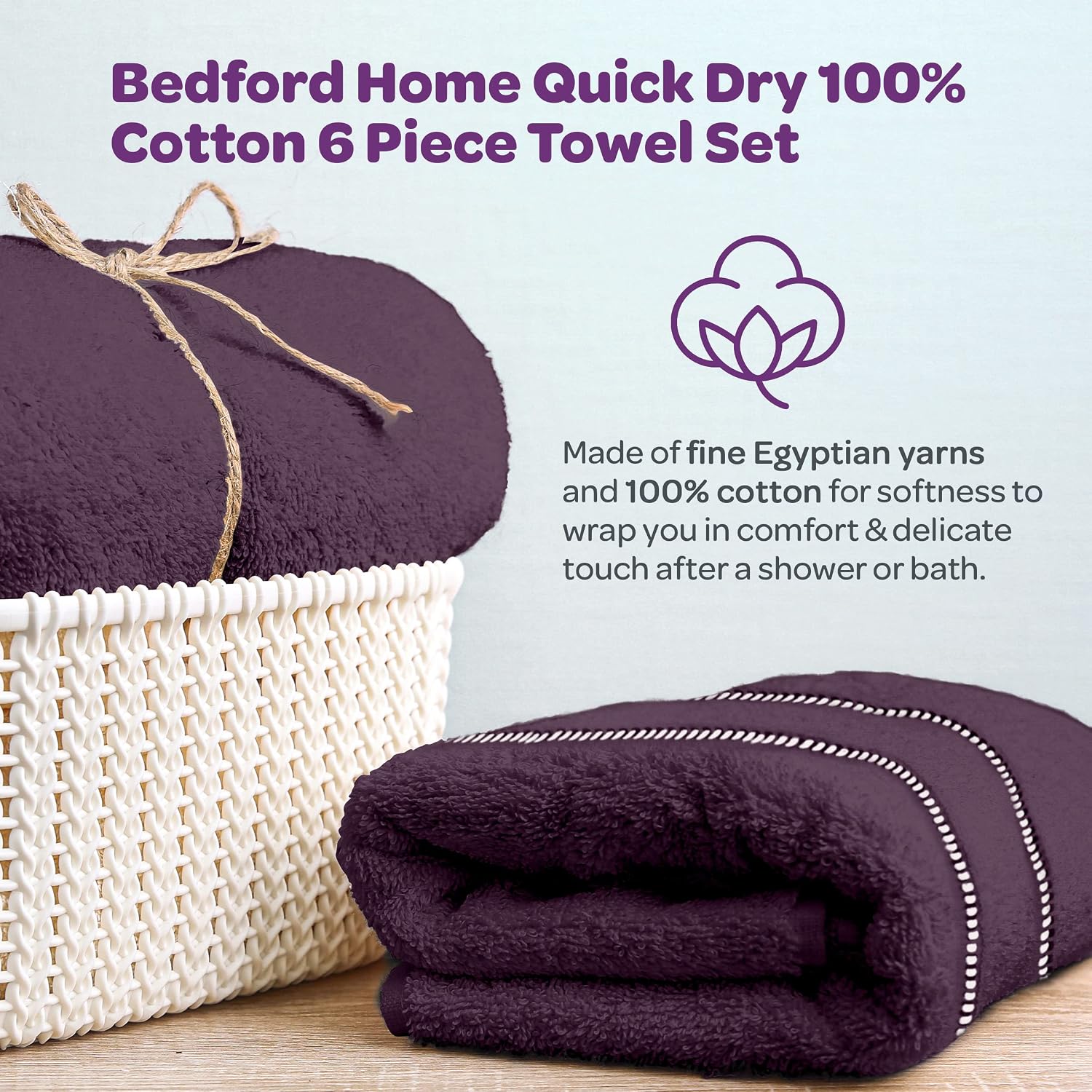 Bedford Home Quick Dry 100% Cotton Zero Twist Towel Set, Hotel & Spa Quality, Soft, Lightweight, Highly Absorbent Towels and Washcloths for Bathroom, Shower Ideal for Everyday Use - 6 Piece (EGGPLANT)