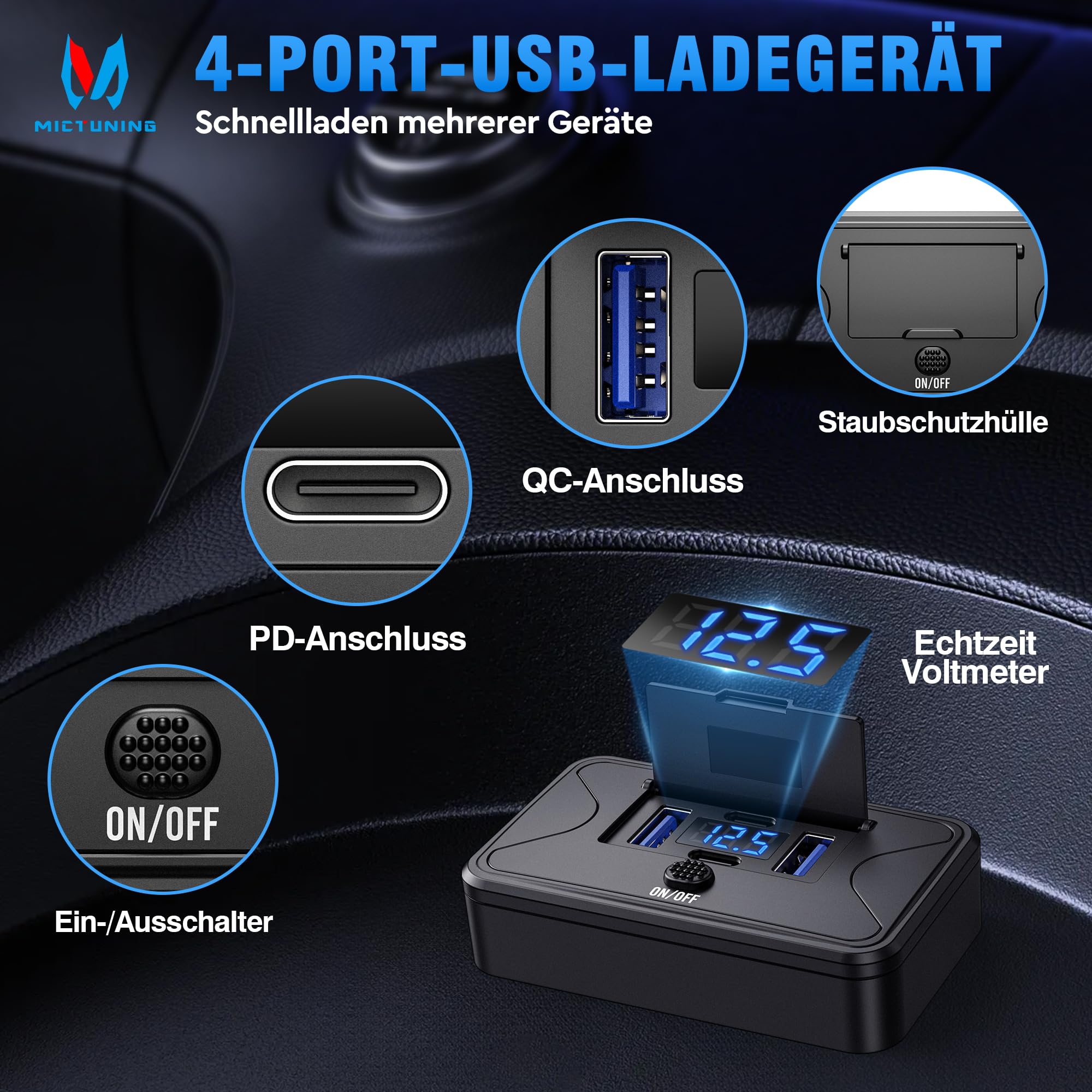MICTUNING 2 unidades de enchufe USB de carga para coche, 12 V/24 V, Dual PD y Dual QC, cargador rápido USB para teléfono móvil, 78 W, resistente al agua, con interruptor de voltímetro LED, para coche