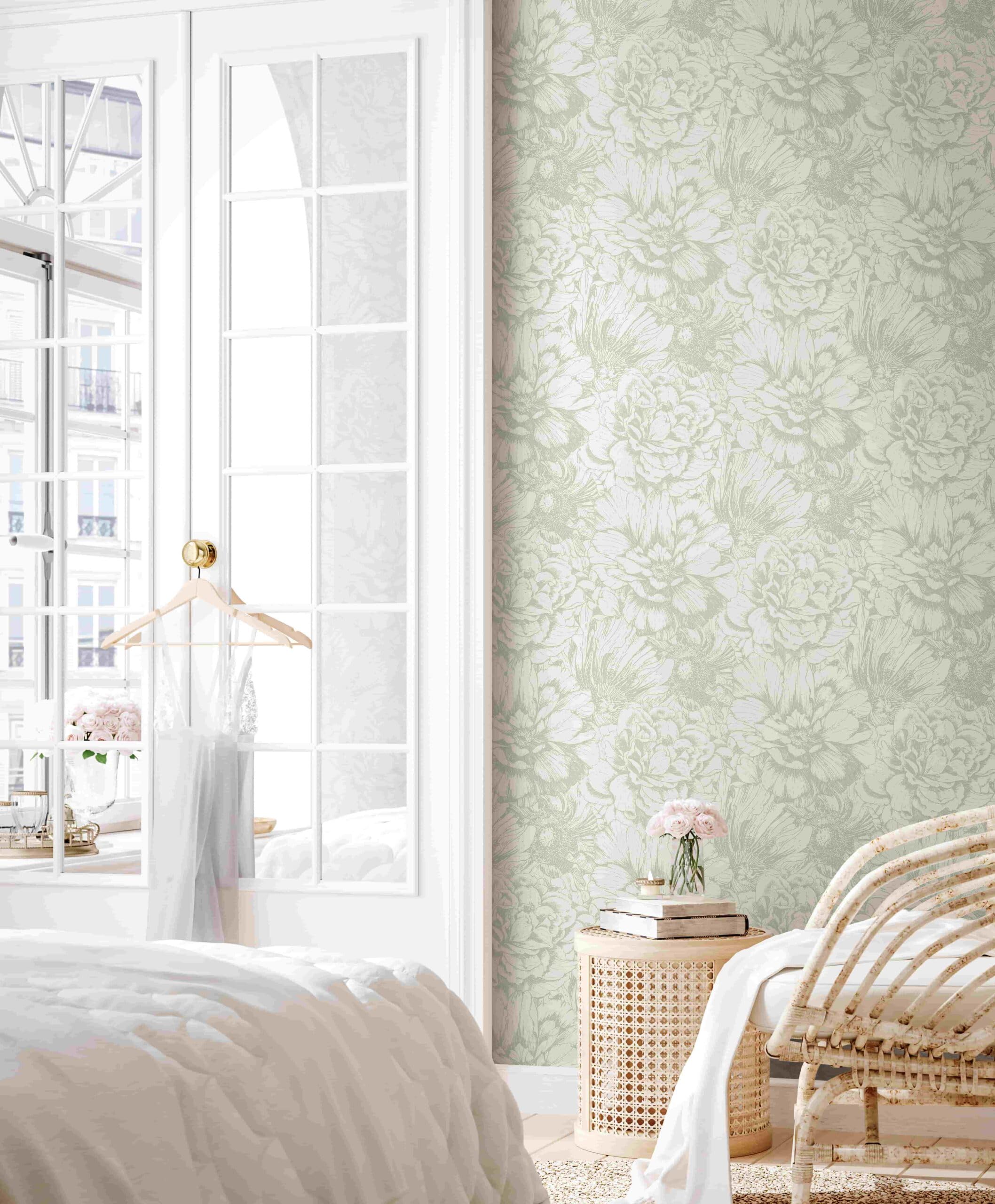 Papier peint floral gris masquer imperfections mur salon chambre