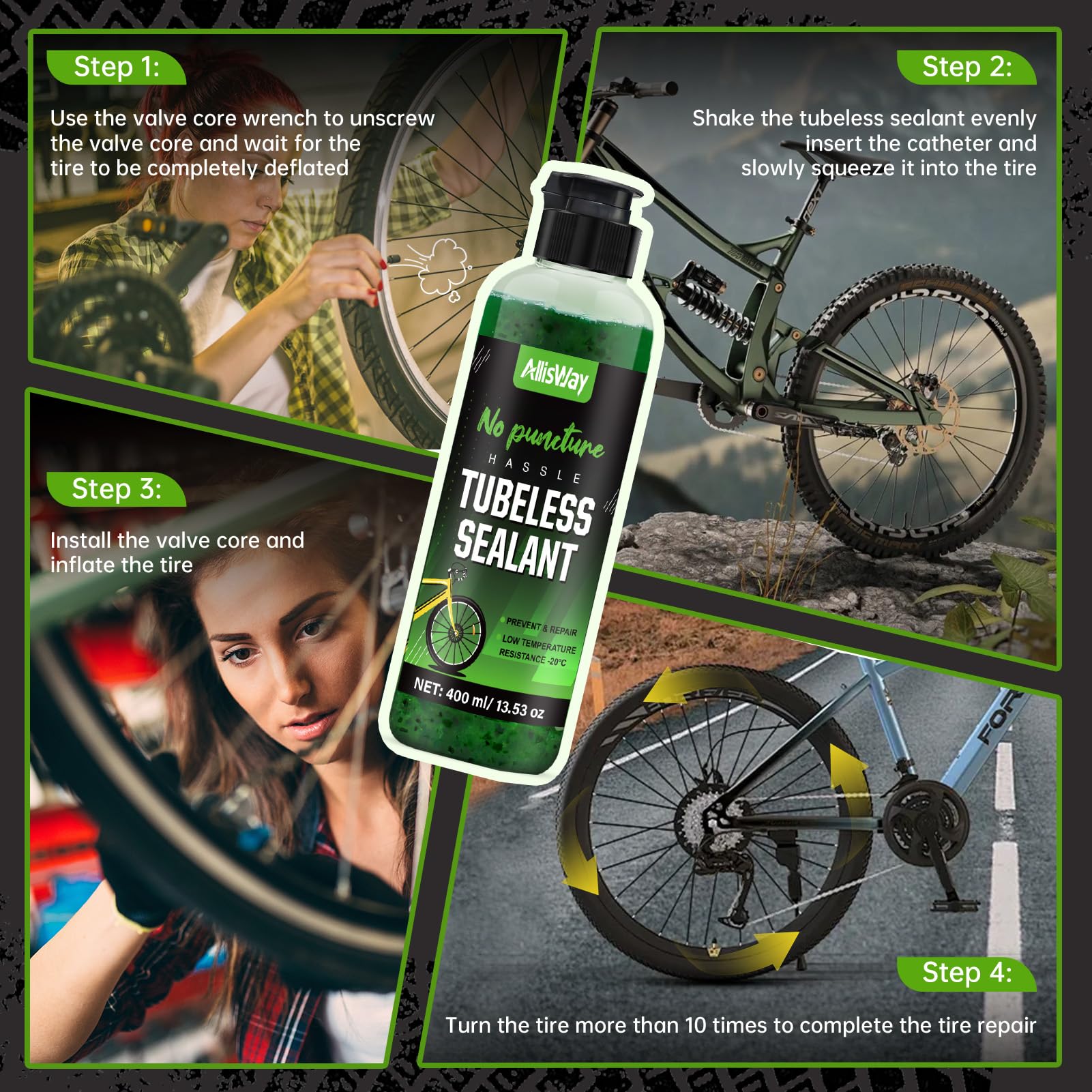 Lattice Tubeless, Liquido Tubeless MTB, Liquido Antiforatura MTB, Adatto per Mountain Bike e Bici da Strada, Prevenzione e Riparazione, Resistenza alle Basse Temperature -20°C, Verde, 400 ml