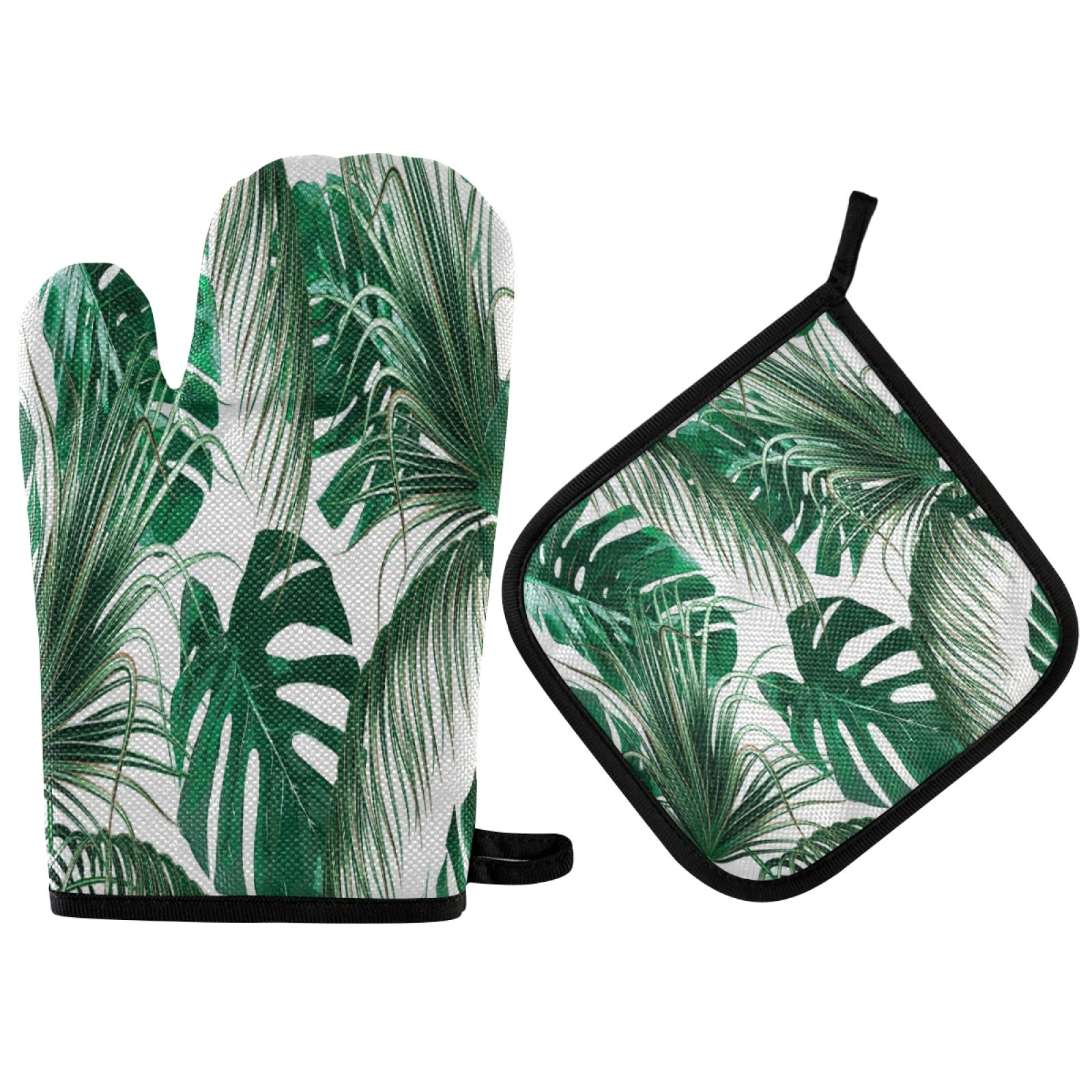 ALAZA Tropical Palm Tree Leaves Green Oven Mitt and Pot Holder Set Heat Resistant Kitchen Glove for Cooking Baking Grilling Barbecue