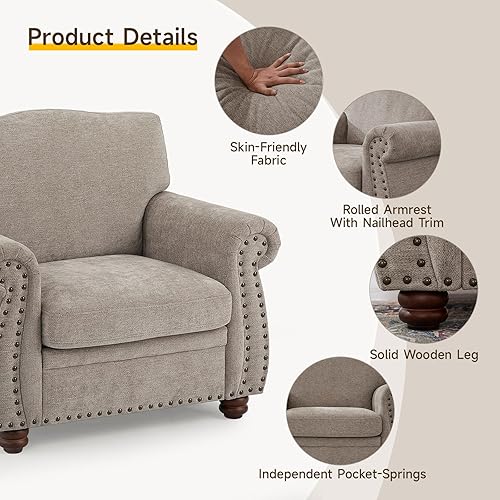 Miniatura 3 de ONBRILL Sillón con ribete de clavos, silla decorativa con brazo enrollado para sala de estar, cómoda silla de club de felpilla con cojines de