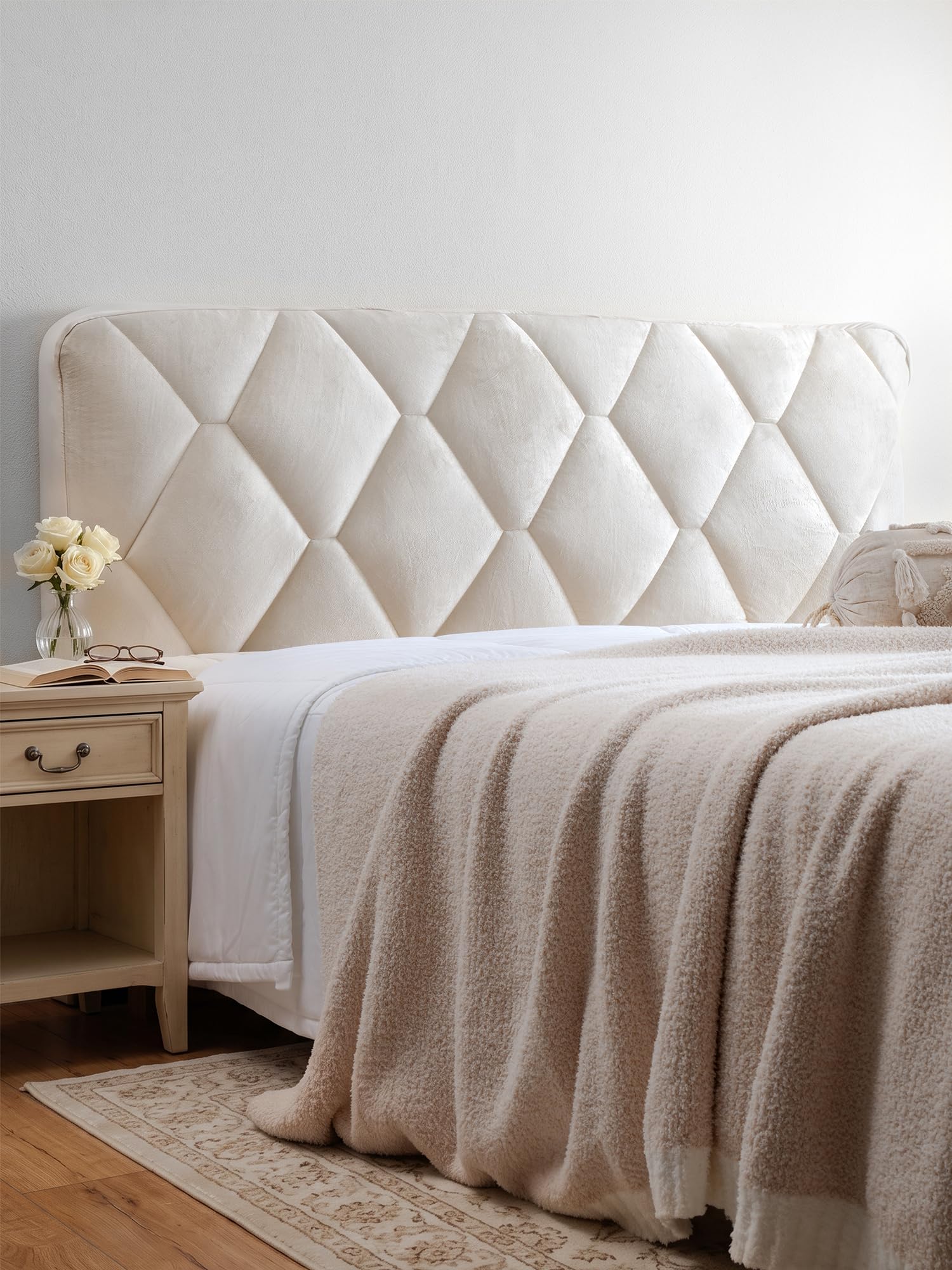 TEXSTEAD Samt Bettkopfteil Bezug & Betthussen Set mit geometrischem Muster–elastische & wattierte Staubschutz-Hülle als dekorative Abdeckung für gepolsterte Kopfteile, waschbar in Beige(ca. 150x70 cm)