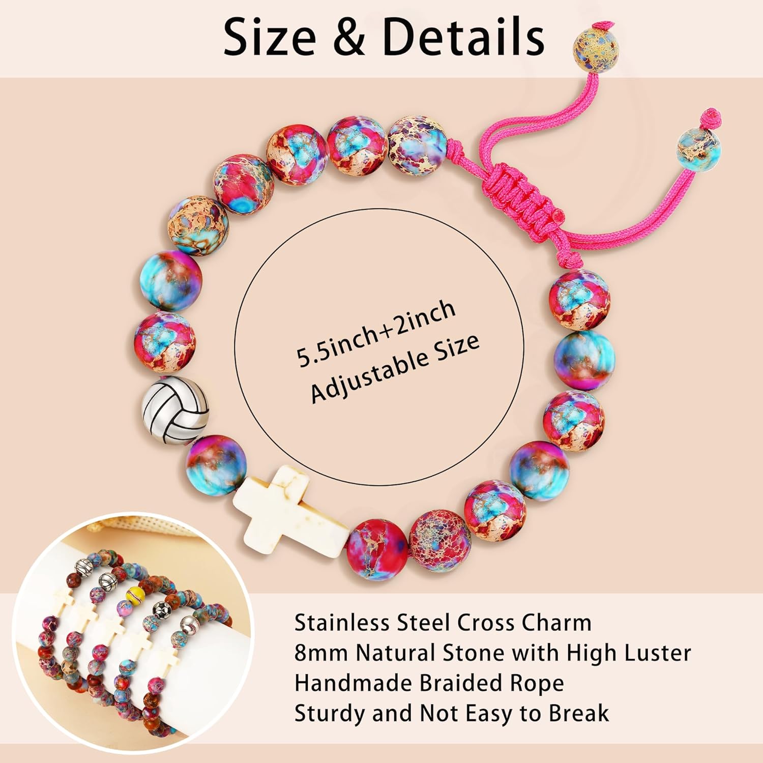 Softball/Soccer/Volleyball/Basketball/Baseball/Football Sports Gifts for Girls Teens Natural Stone Beaded Cross Bracelets Christian Religious Game Day Jewelry Gift - Image 3