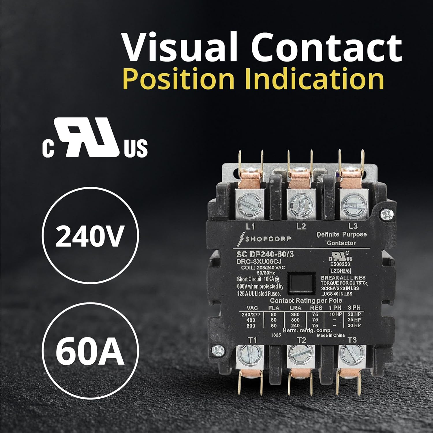 AC Contactor 60 Amp 75 RES 3 Pole 220V 240V Coil – Definite Purpose (DP) UL Listed for HVAC Contactor, Refrigeration & Heat Pump