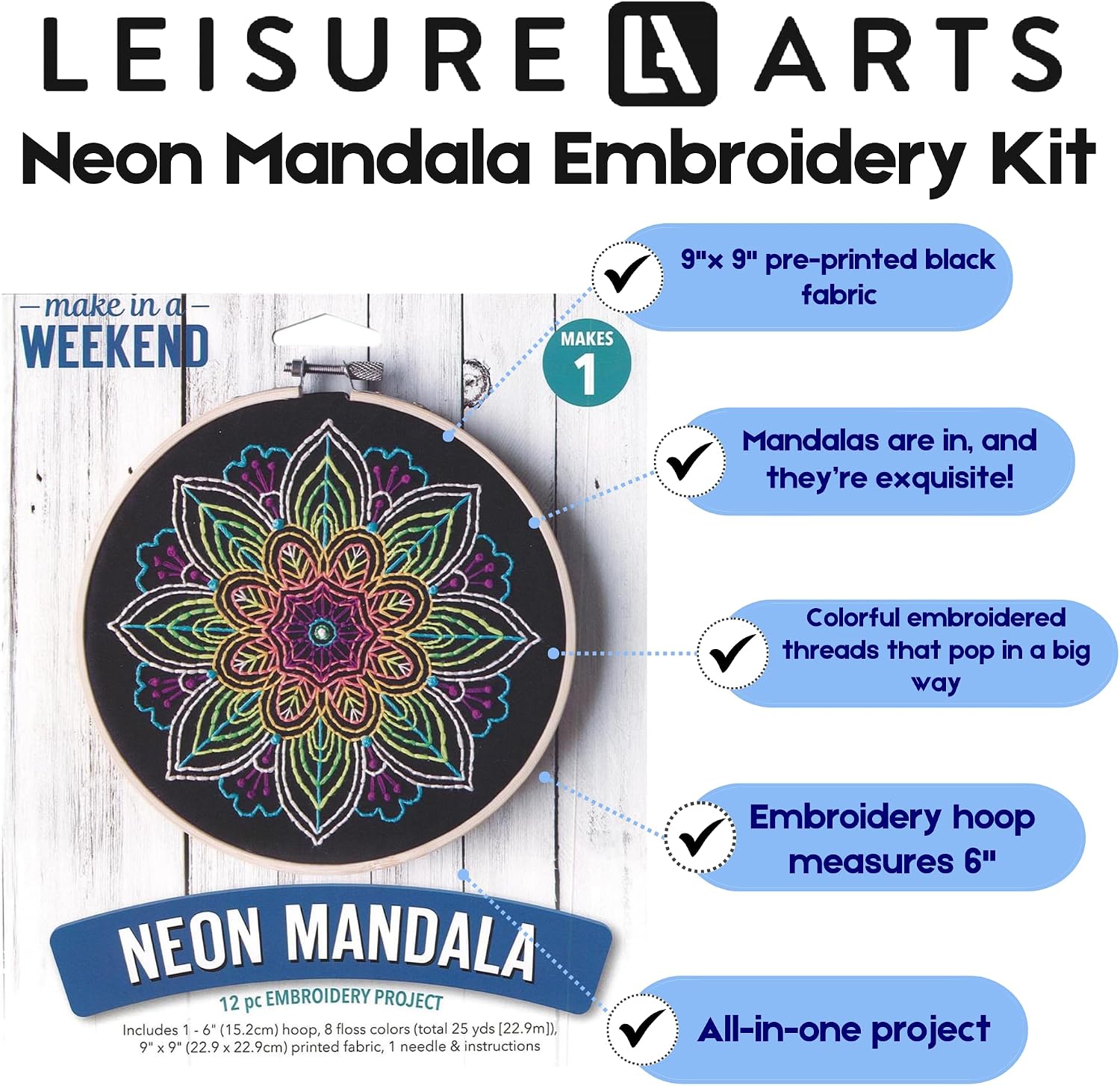 Leisure Arts Embroidery Kit 6" Neon Mandala- cross stitch kits for beginners - embroidery kit for beginners - embroidery kits for adults - embroidery kits for adults