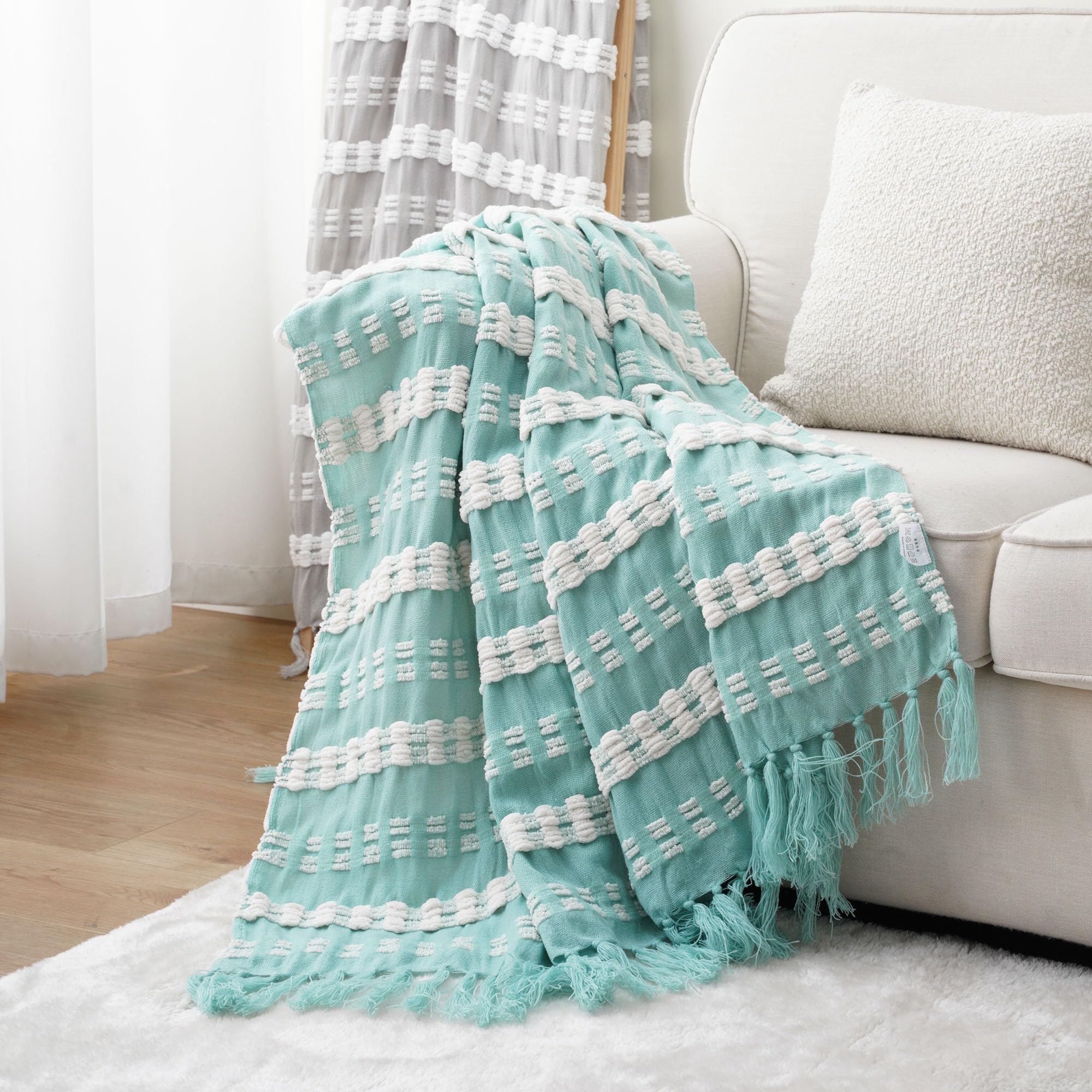 Battilo Pale Blue Throw Blanket, Boho Throw Blanket for Couch, Decorative Woven Farmhouse Throw Blanket for Ded,Sofa, Living Room, 55"x94"