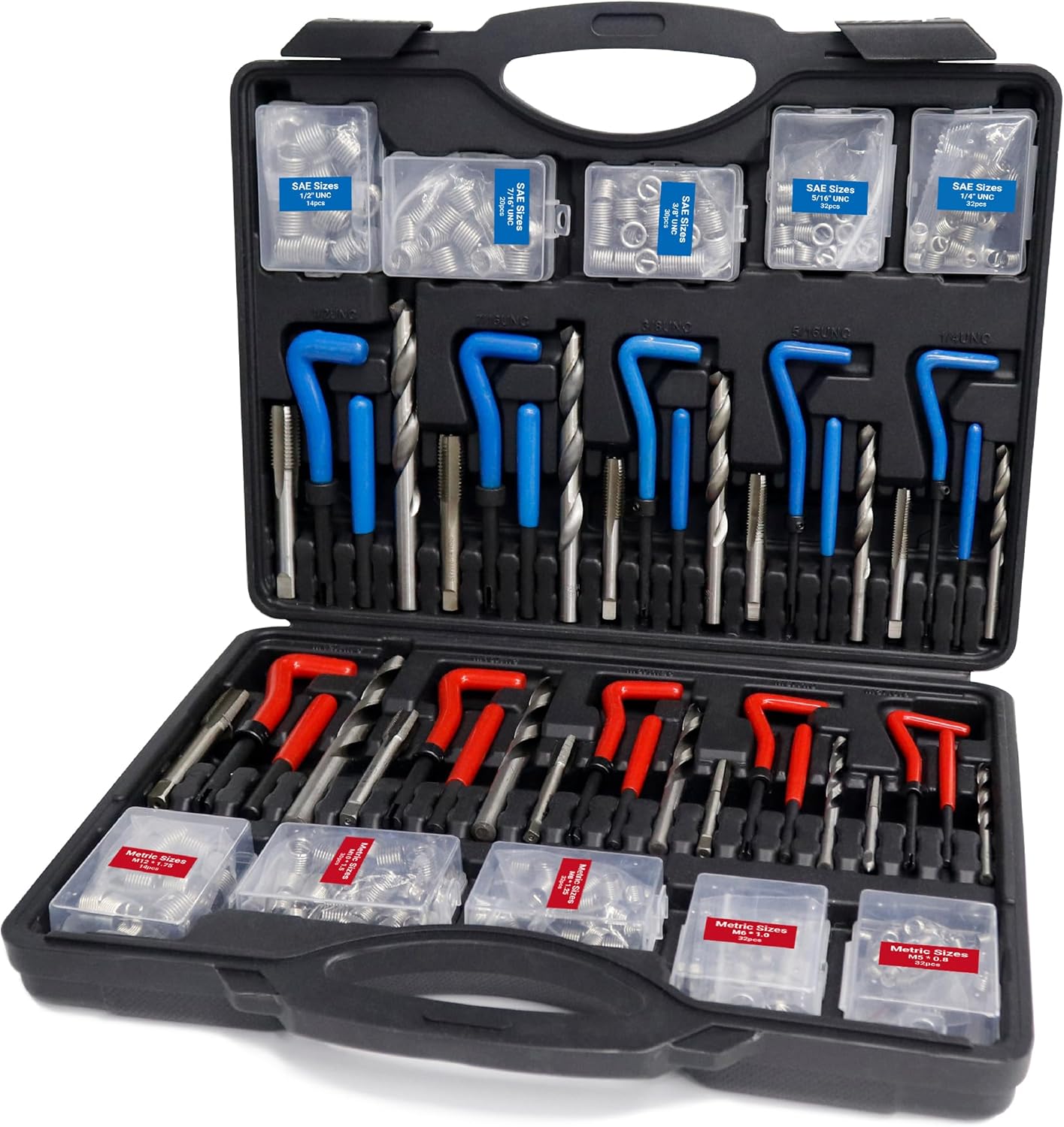 Helicoil Thread Repair Tool Kit 320-Piece: SAE (1/4"-1/2") & Metric (M5-M12) | Includes HSS Drill Bits, Taps, 304SS Inserts & Break-Off Tools | Professional Thread Restorer for Automotive & Machinery