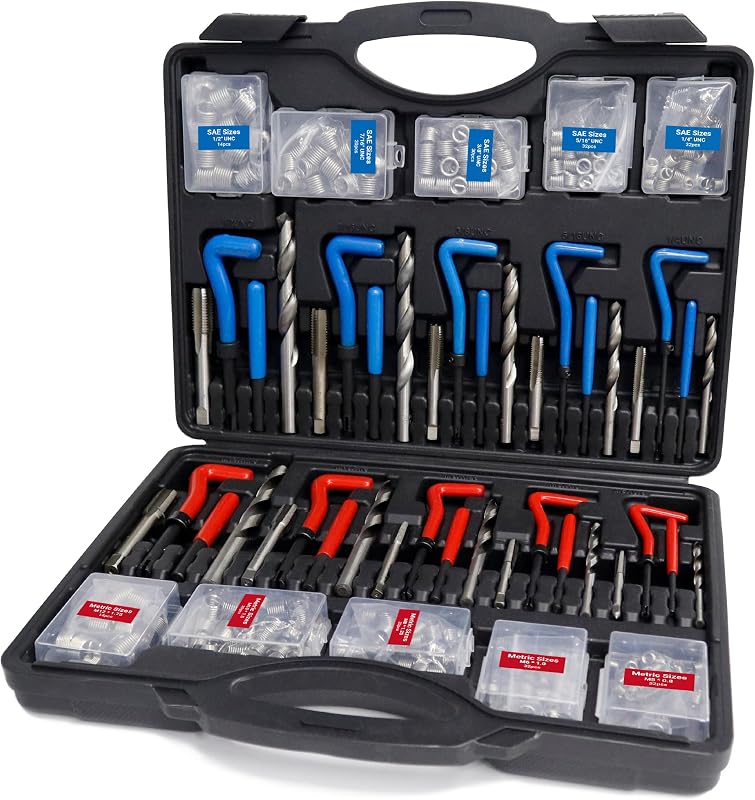 Helicoil Thread Repair Tool Kit 320-Piece: SAE (1/4"-1/2") & Metric (M5-M12) | Includes HSS Drill Bits, Taps, 304SS Inserts & Break-Off Tools | Professional Thread Restorer for Automotive & Machinery