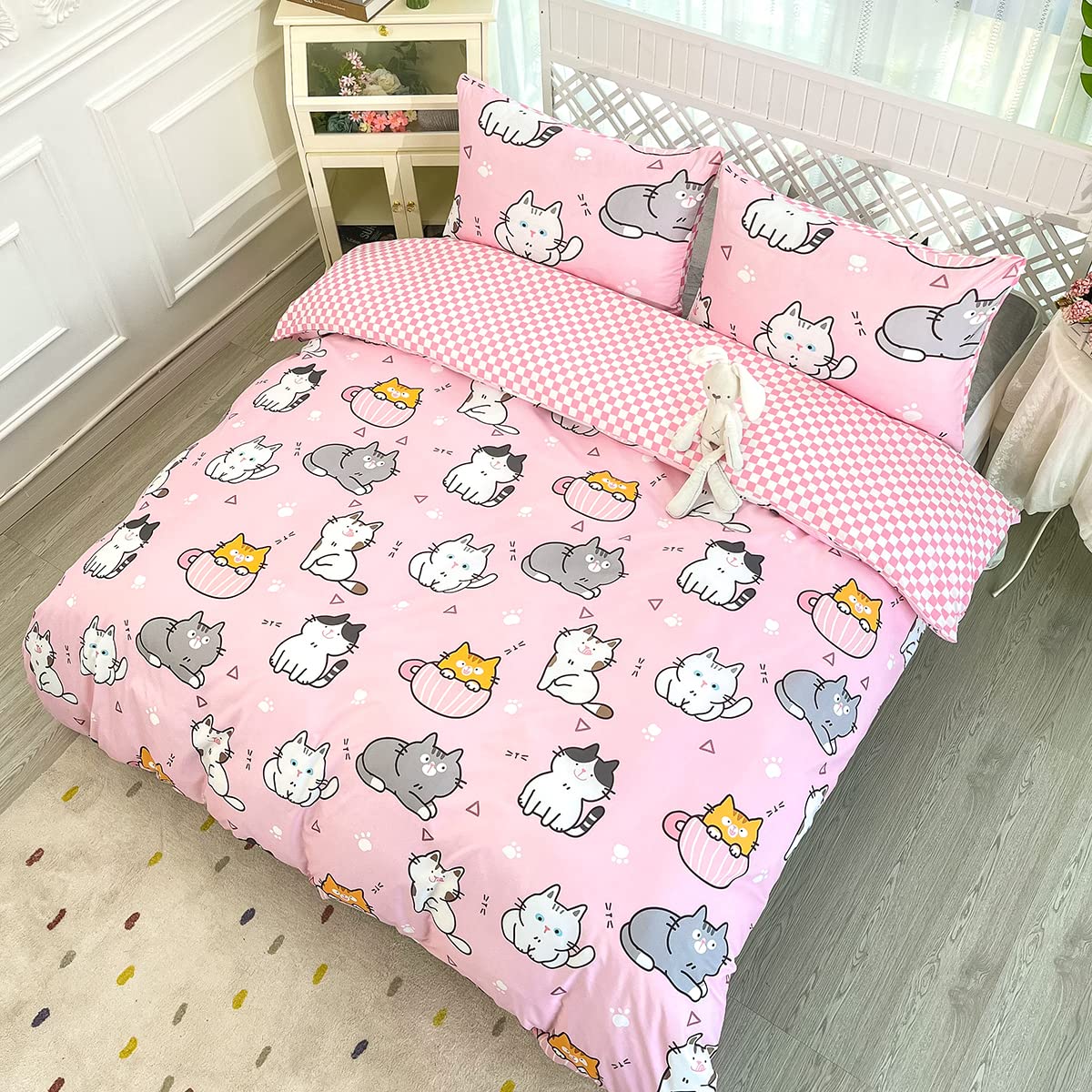 HOSIMA Kids Duvet Cover Set,Pink Cats Duvet Cover Single Size, 3 pcs Kawaii Cat Bedding Set for Girls Boys - Image 2