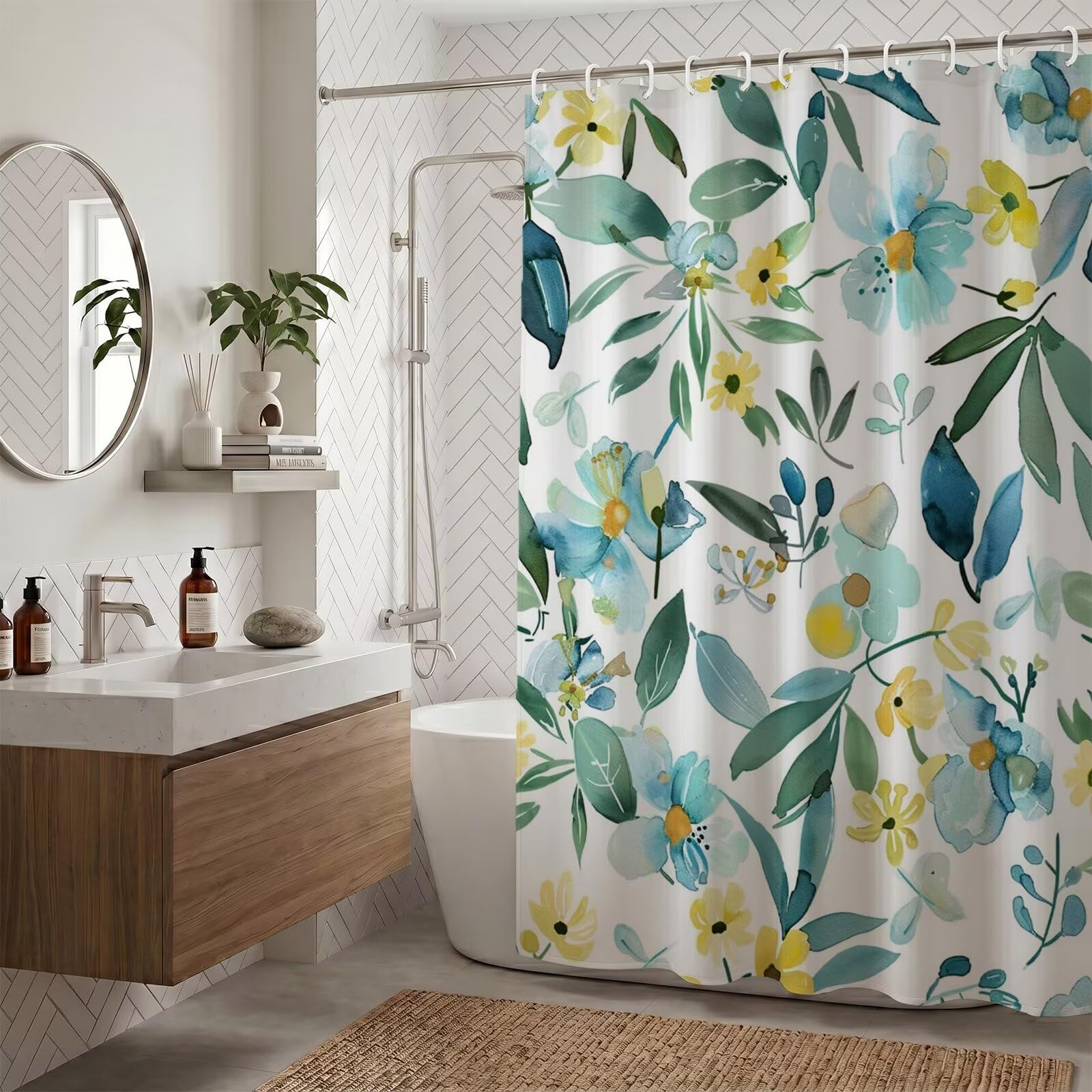 Rideau de douche feuilles 150x170cm en tissu polyester imperméable