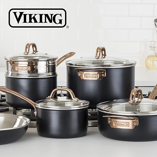 Miniatura 6 de Viking Juego de ollas y sartenes de 3 capas, 11 piezas de utensilios de cocina de acero inoxidable con tapas de vidrio, negro con cobre