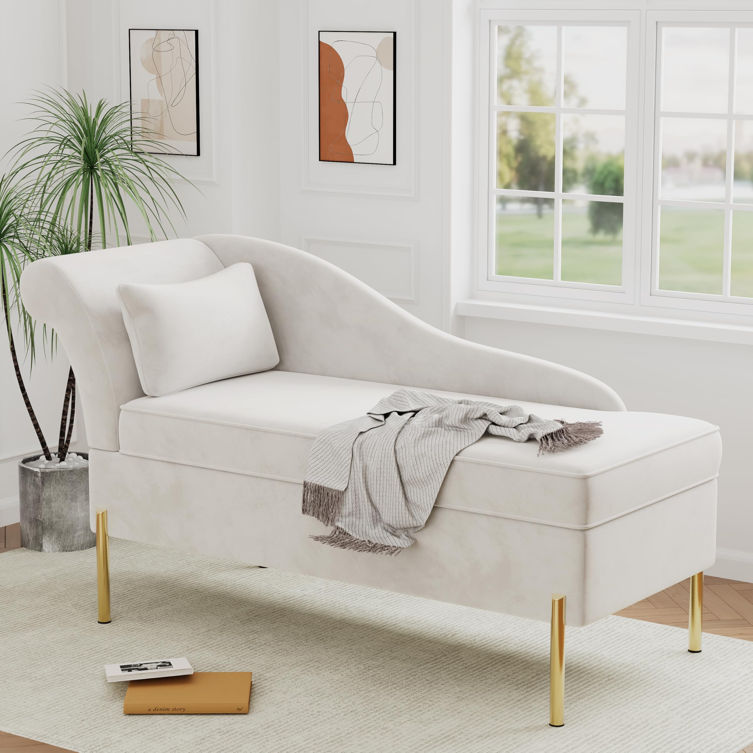 Andeworld Velvet Chaise Lounge with Storage, Modern Upholstered Tufted Chaise Lounge Chair Indoor Sofa Recliner Couch for Bedroom Office Living Room - Velvet Beige (Left Armrest)