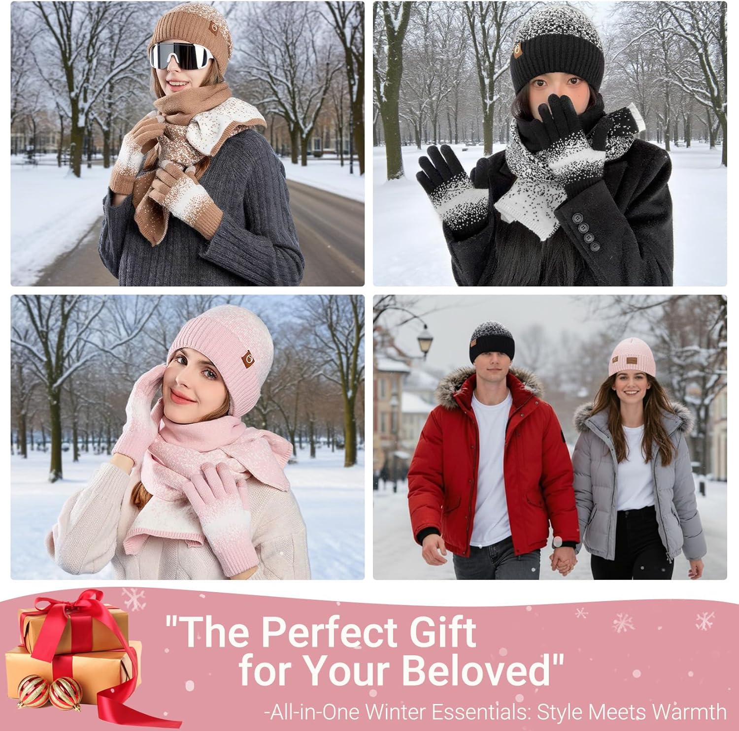 Womens Winter Beanie Hat Scarf Gloves Set - Touchscreen Gloves,Long Knit Scarf & Ombre Snowflake Design Beanie Set for Women - Image 5