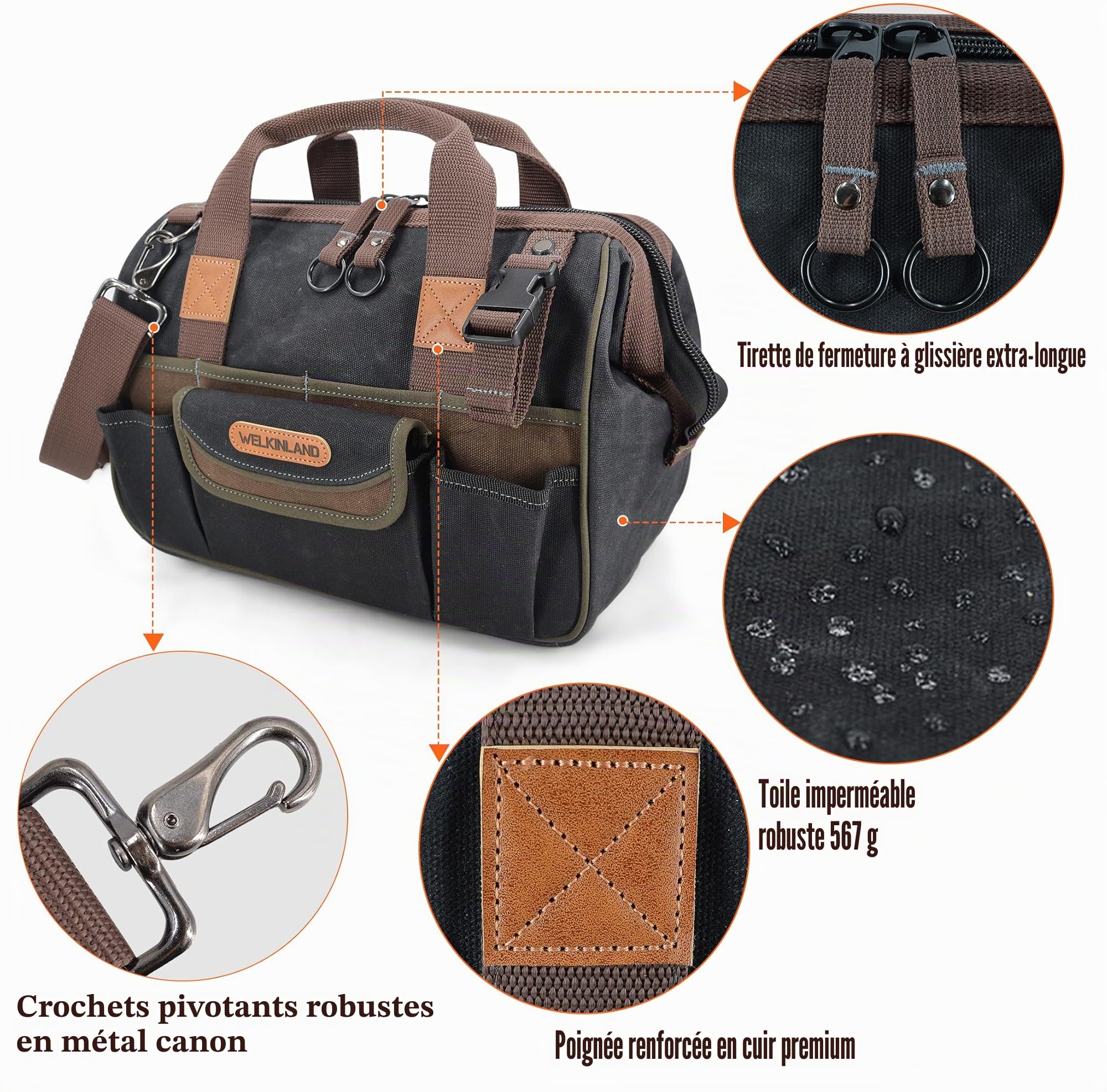 WELKINLAND Sac à outils en toile à 30 poches, 35,6 cm de sacs cirés robustes, sac fourre-tout pour outils, électricien de ligne pour électriciens, sac à outils pour hommes de service en noir/brun