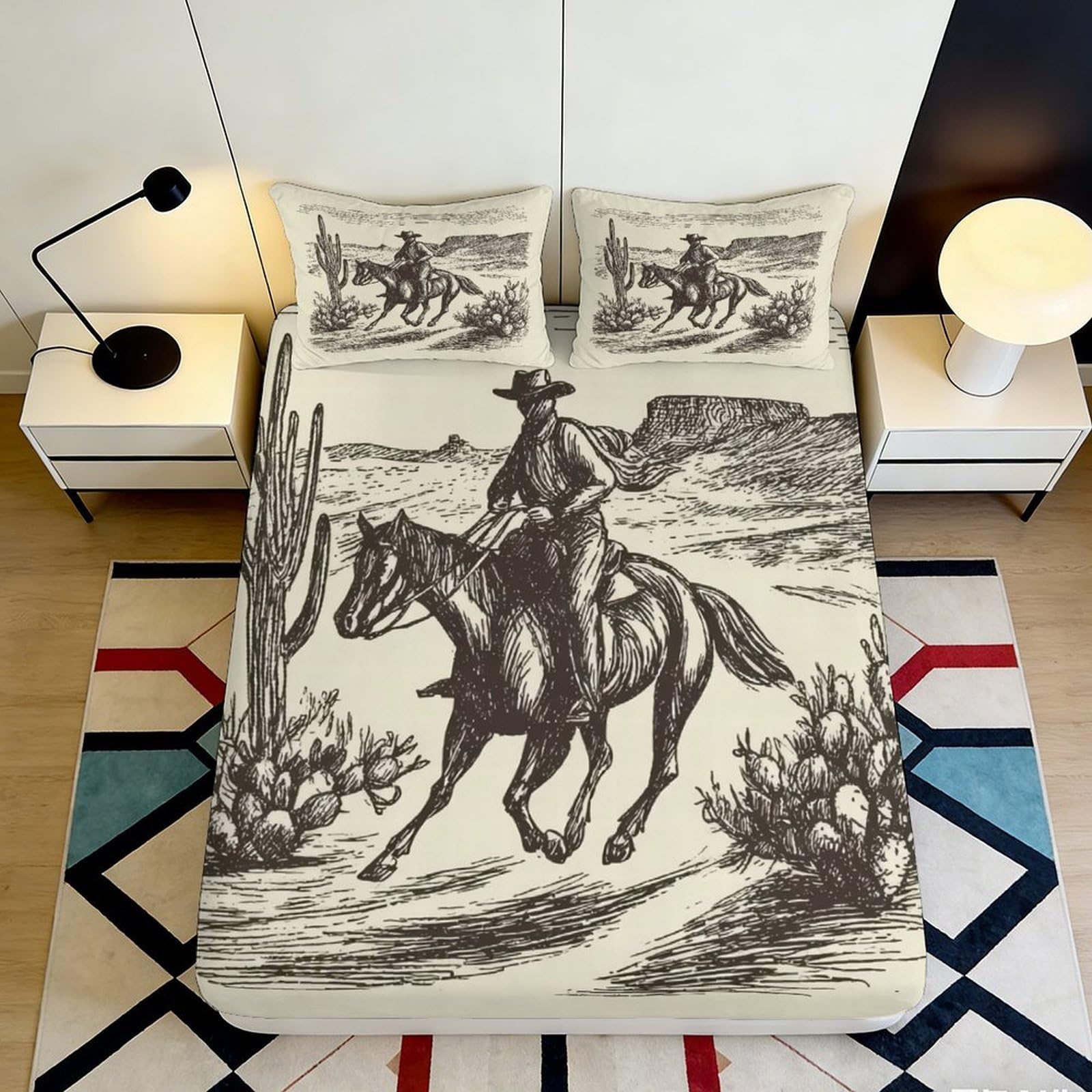 3D Printed Cowboy Horse Fitted Sheet Microfiber Soft Durable Western Scene Bed Cover for Bedroom Dormitory Guest Room Mattress Protection 200x200x25cm