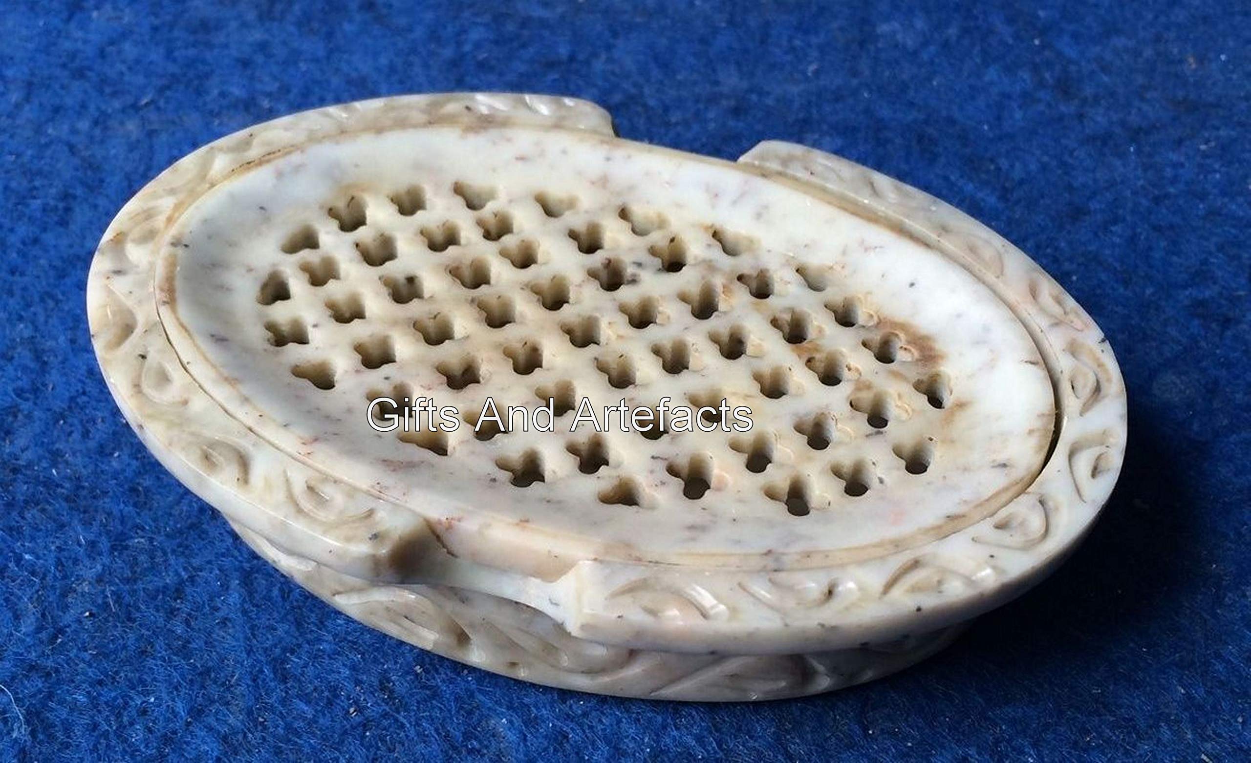 Seifenschale aus Speckstein mit filigraner Arbeit I 11,4 x 7,6 cm Seifenhalter für Waschdekoration I Küchenseifenspender I Badezimmerzubehör I Geschenk-Seifenschale