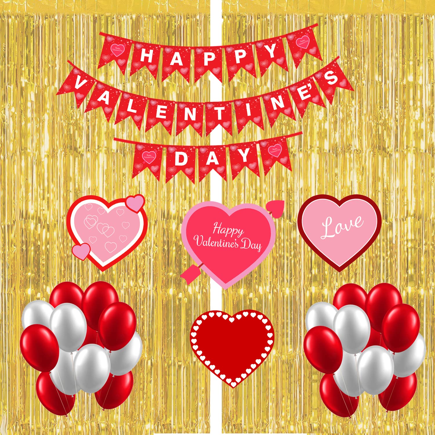 WoW Party Studio Happy Valentine's Day Eve Decorations Combo Kit - 1Pcs Bunting Banner, 2pcs Foil Curtain Gold, 20Pcs Red White Balloons,4pcs Cutouts - 27Pcs Combo Kit