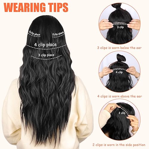 Miniatura 6 de Vigorous 4 extensiones de cabello negro largo ondulado con clip, extensiones de cabello negro sintético con clip, extensiones de cabello ondulado