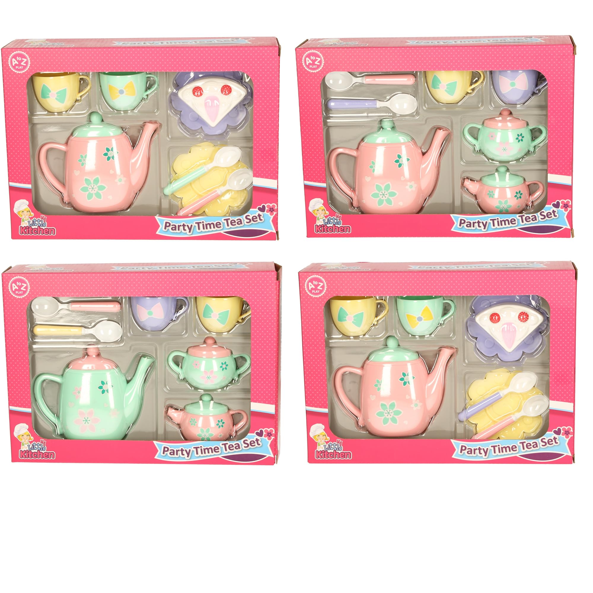 Little Kitchen Party Time Tea Set, Kids Pretend Play Set including Teapot, Cups and Accessories, Ages 4-7, Pink and Pastel Colours