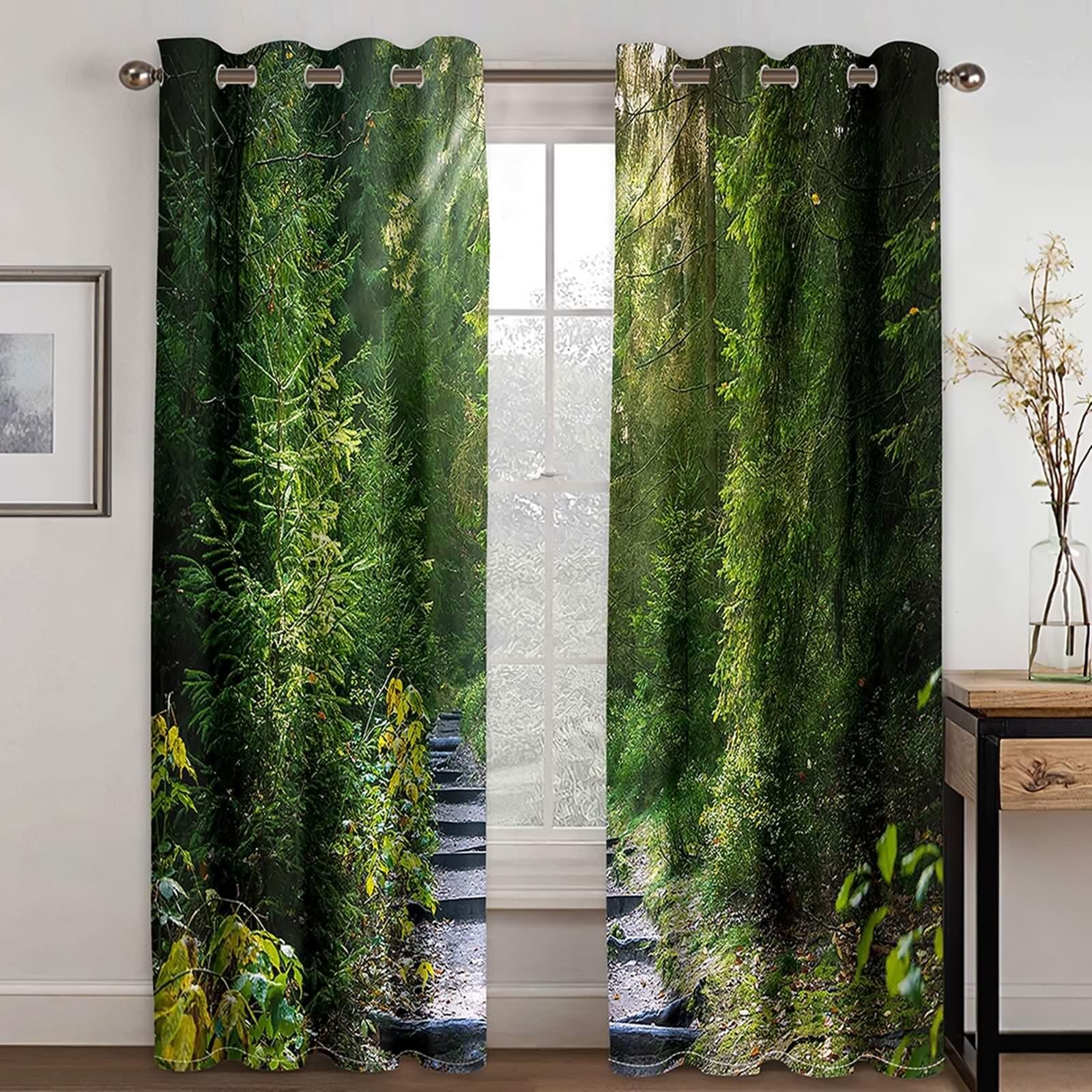 Verdunklungsvorhänge Schlafzimmer, Vorhänge Polyester Grün Baum und Pfad Gardine 2er Set B 214 x H 244 cm