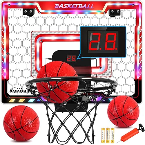 Vista 8 de Juego de mini aros de baloncesto para interiores con 4 bolas para niños y adultos para puerta y pared con accesorios completos de baloncesto, Mini