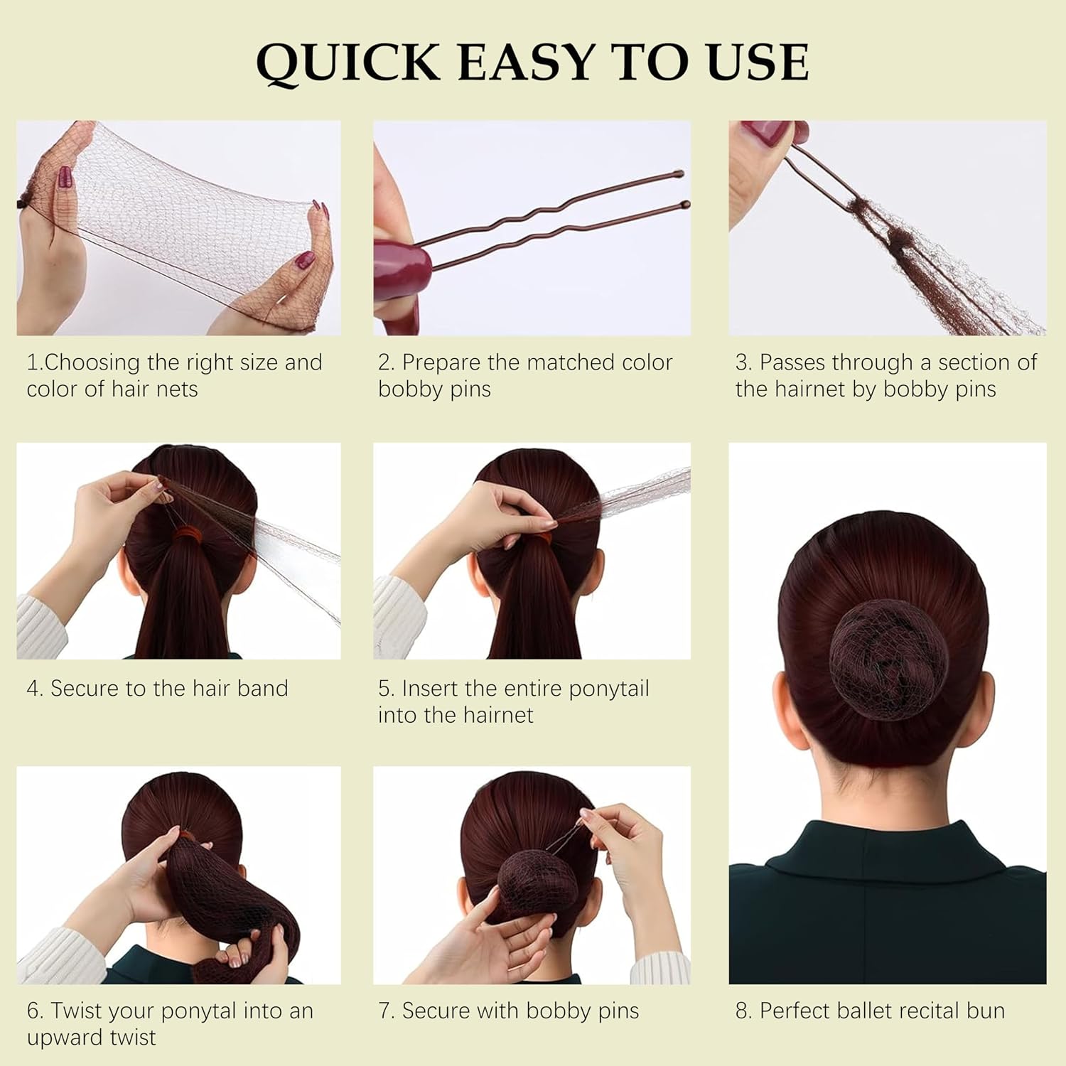 50Pcs Invisible Mesh Hair Nets and 50Pcs U Shaped Pins Set (100Pcs Total) - 20 Inch Elastic Hairnets for Bun Making, Ballet, Nurse, Flight Attendant（Black）