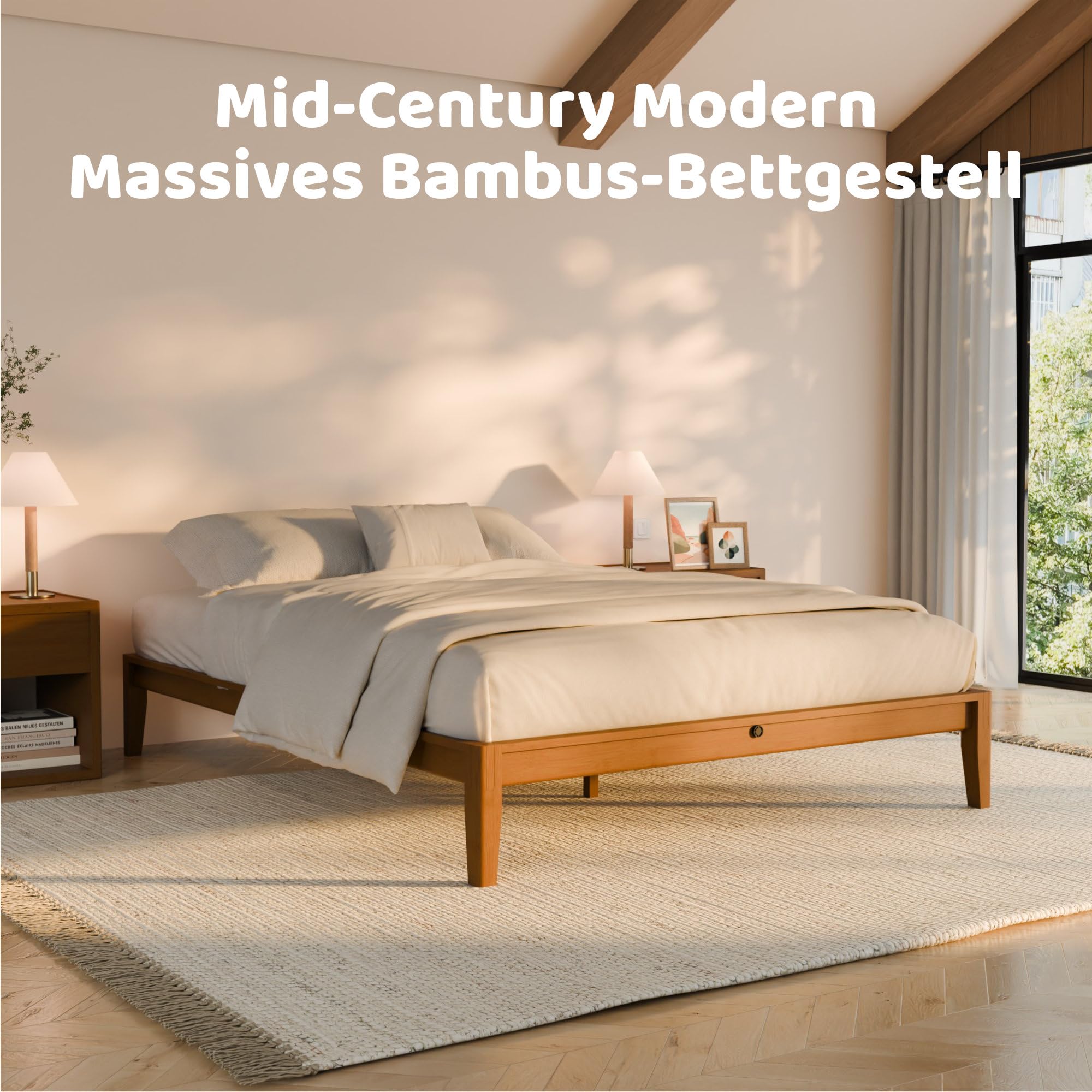 RECCI Bettgestell 140x200 aus massivem Bambus, Massivholzbett mit Steckverbindung, Modernes minimalistisches Bett, Geräuschlos, Werkzeuglose Montage, Bambus Natur