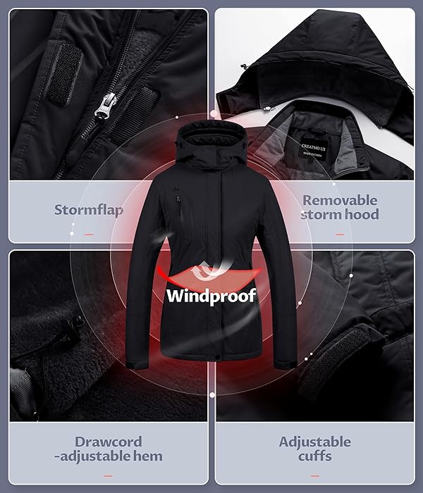 CREATMO US Women's Winter Waterproof Ski Jacket Warm Detachable Hood Windproof Coat Black S by CREATMO US - Image 5