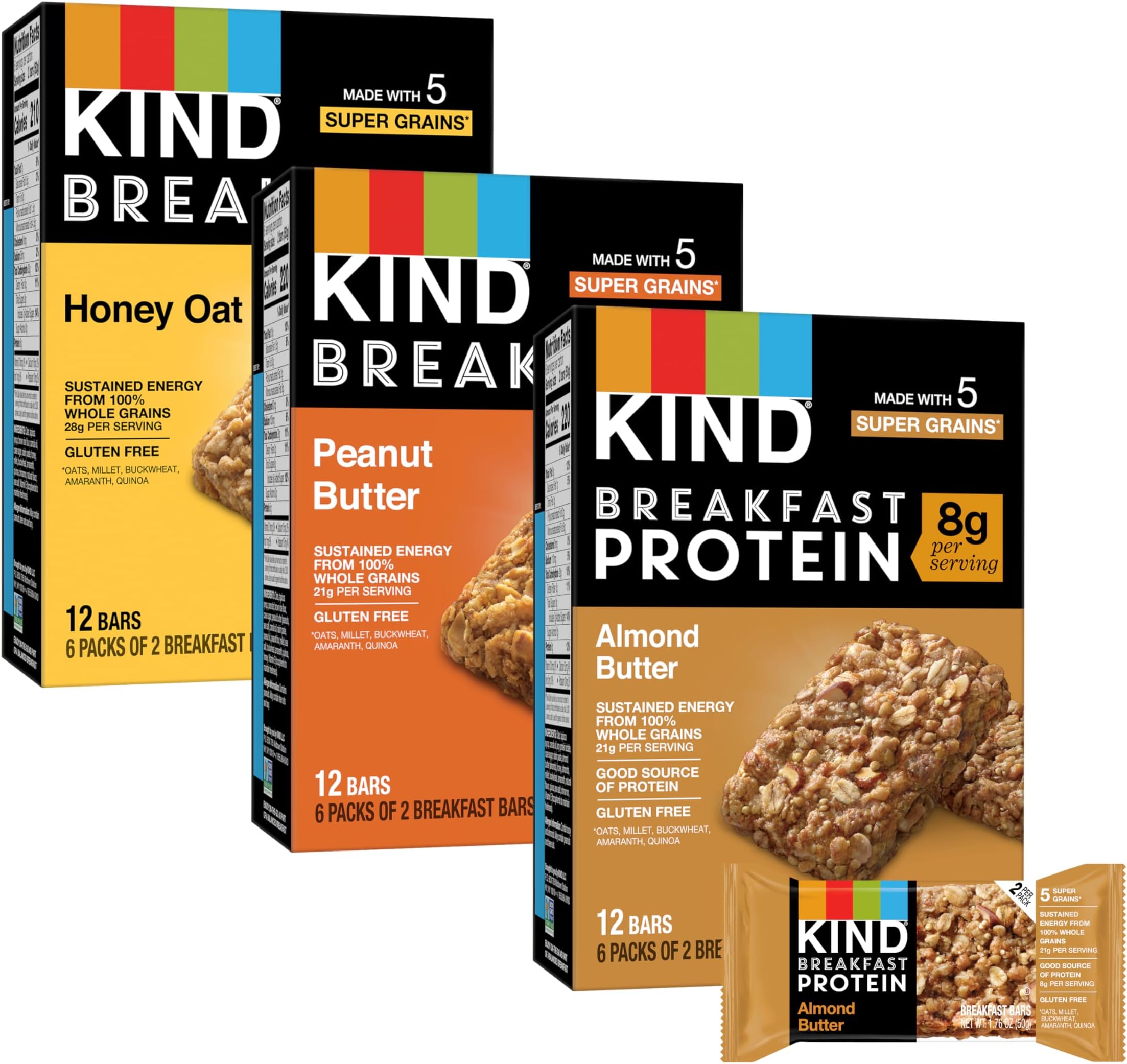 KIND Breakfast Bars Variety Pack, Gluten Free, Low Sodium, Healthy Snacks, Honey Oat, Almond Butter, Peanut Butter, 3-8g Protein, 18 Count (18 Packs of 2 Bars)
