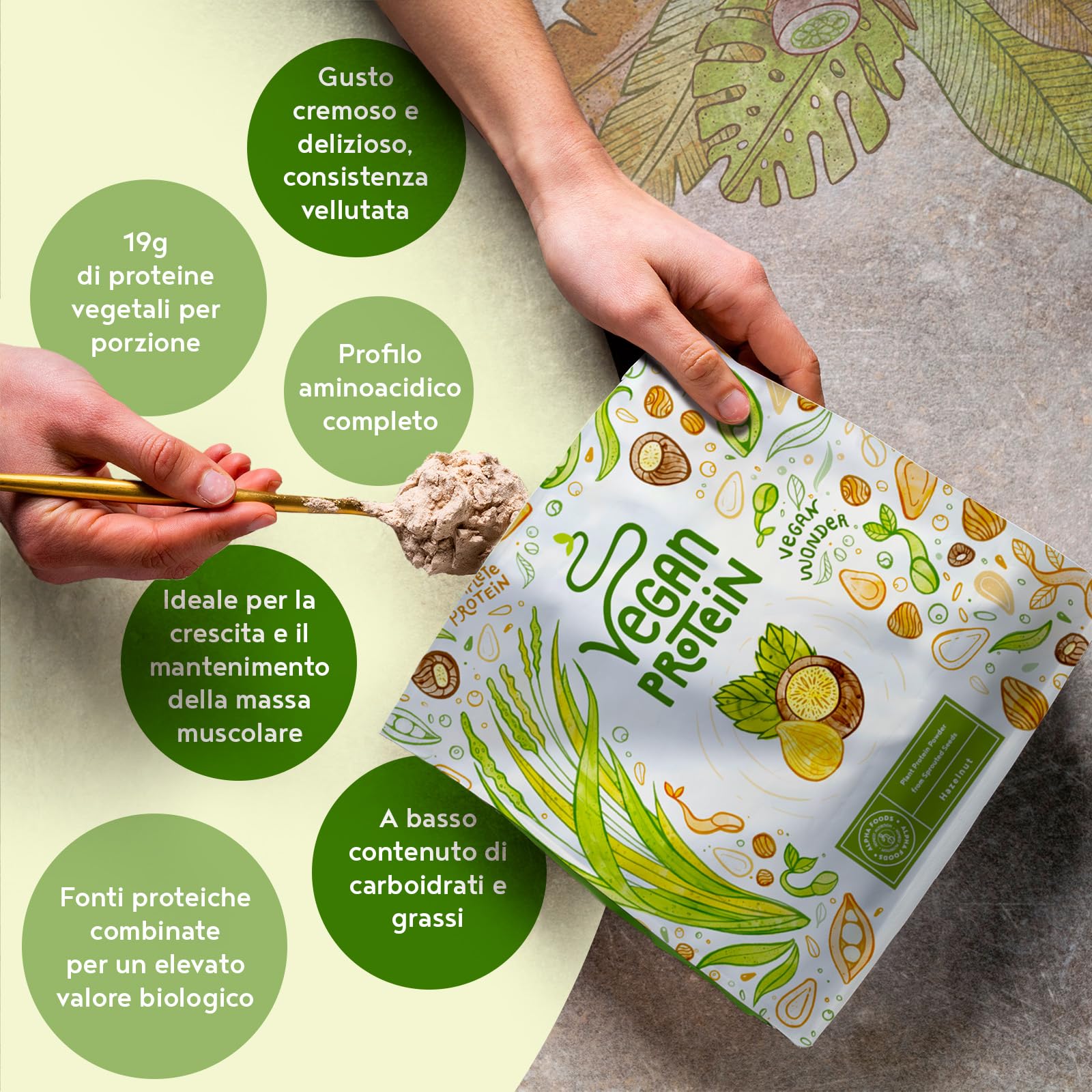 Proteine in Polvere Vegane | Gusto Nocciola | 19g Proteine Vegetali Isolate di Pisello, Riso e Girasole | Massa Muscolare | 600g Vegan Protein Powder | Alpha Foods