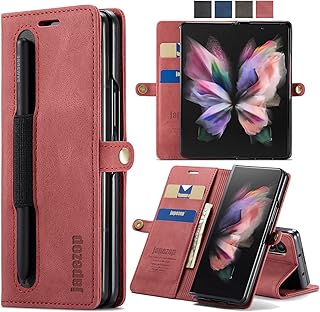 Samsung Galaxy Z Fold 3 Case with S Pen Holder,Galaxy Z Fold 3 Wallet Case with Card Holder Kickstand Magnetic RFID Blocking,Leather Flip Case Wallet for Samsung Galaxy Z Fold 3 5G(2021) (Wine Red)