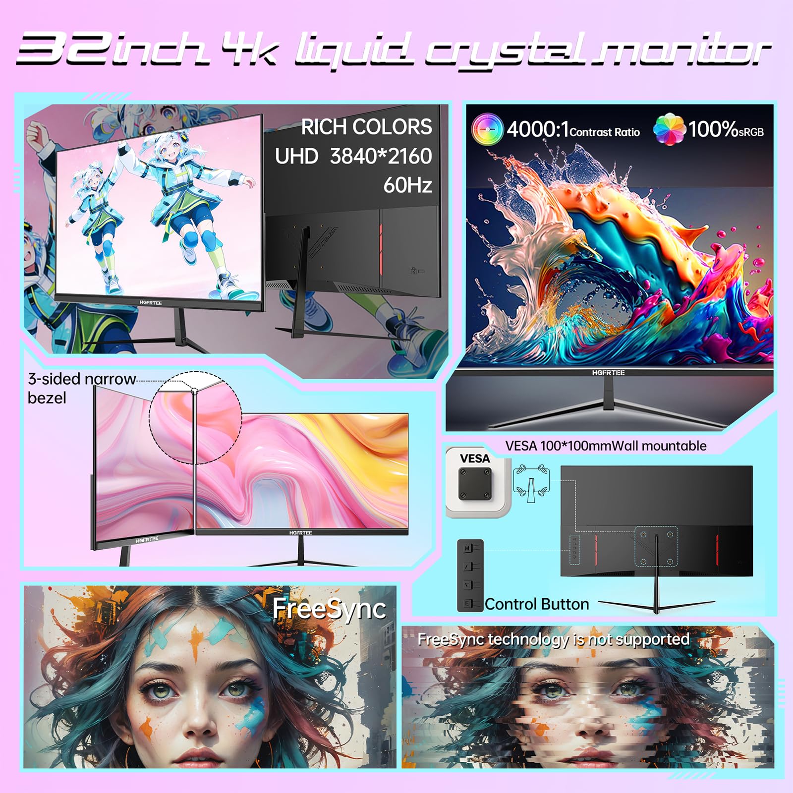 Monitor gaming 32" 4K UHD (3840 x 2160p), 60Hz, pannello IPS 100% sRGB, 1ms GTG, compatibile FreeSync. Immersione totale grazie alla sua alta risoluzione e oltre 1,07 miliardi di colori.