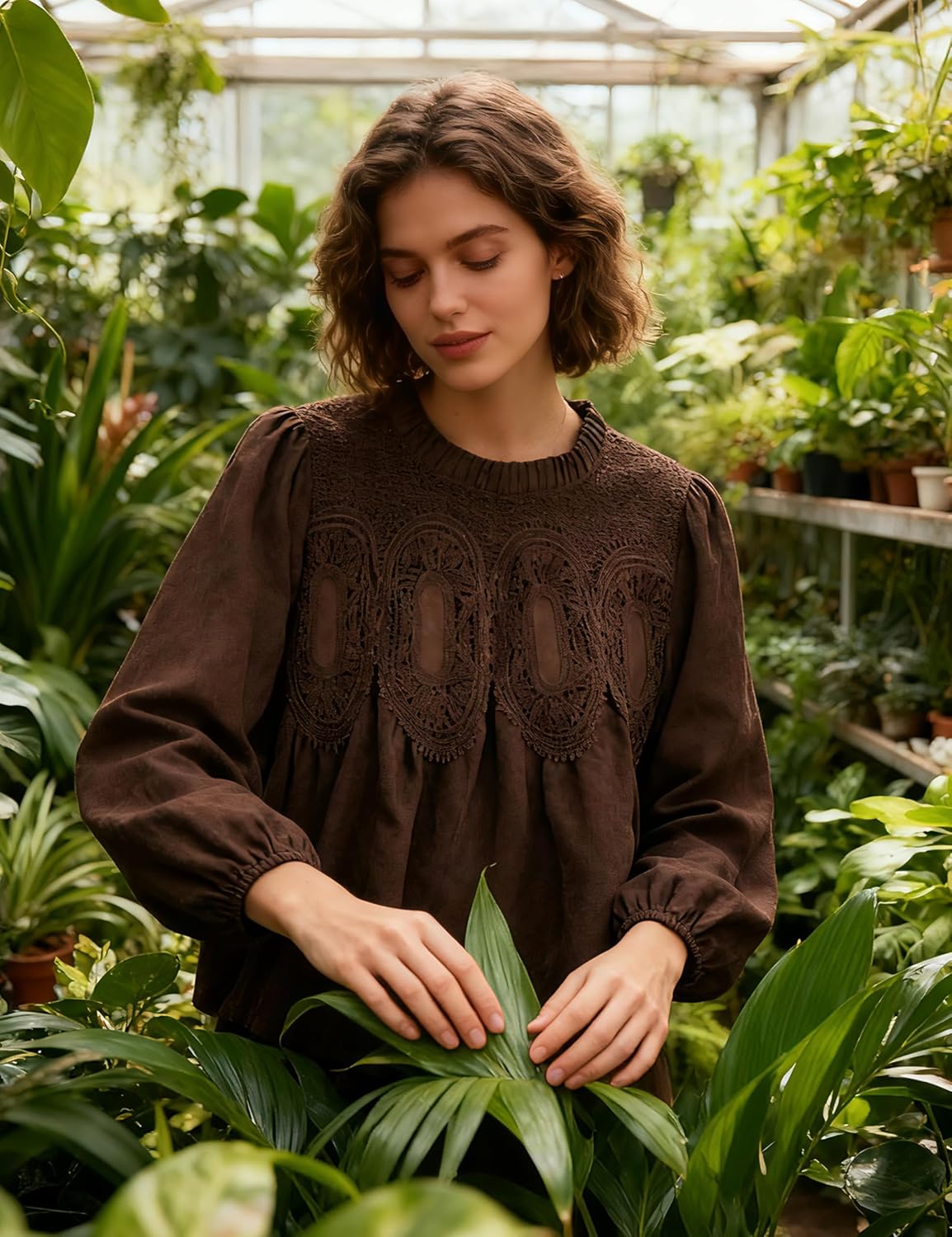 Lentta Women's Lace-Detail Suede Flared Blouse Long Sleeve Crew Neck Swing Babydoll Tops Elegant Intricate Mesh Loose Shirts - Image 5