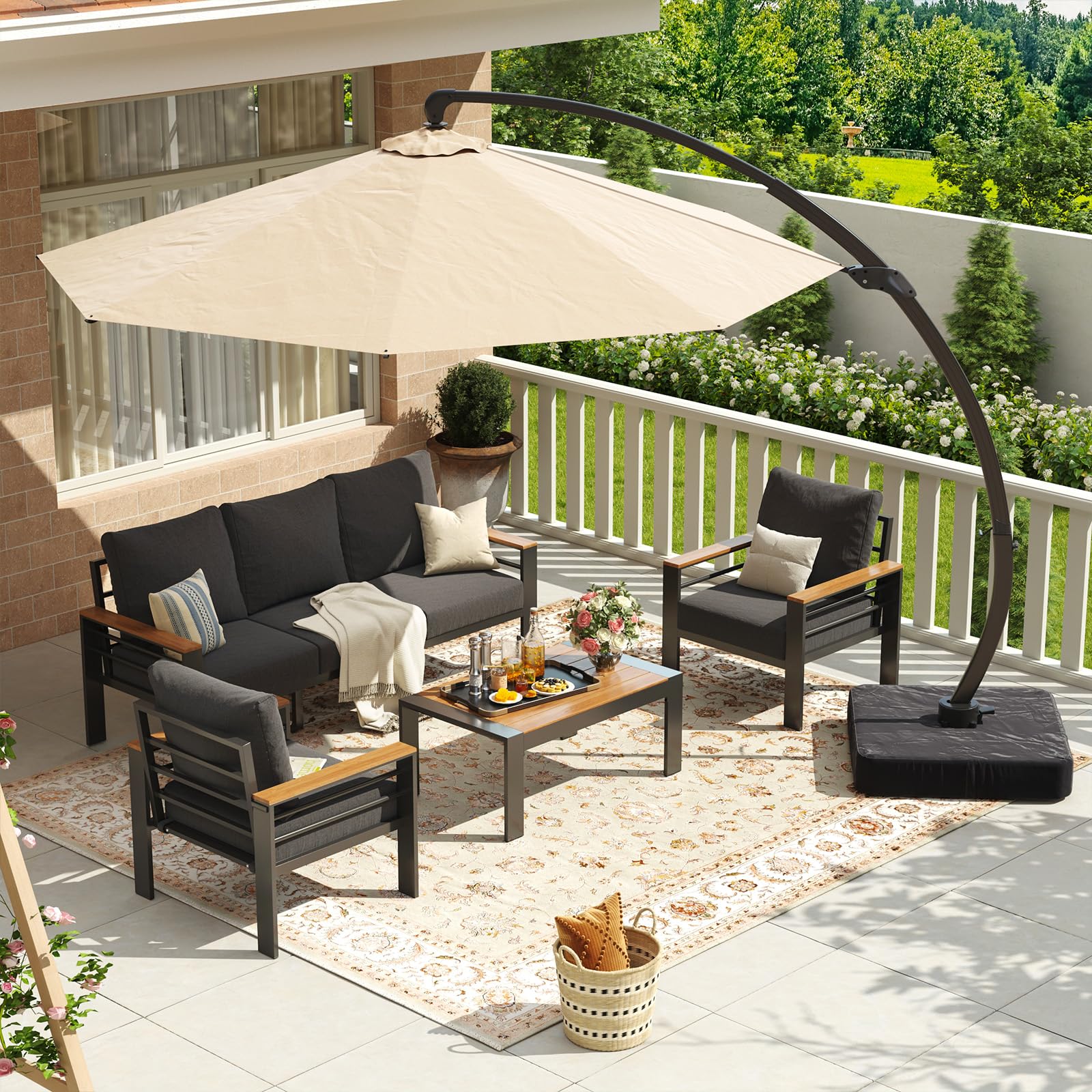 Aoxun Aluminum Patio Furniture Set with Umbrella 5 Seats, Oversized Outdoor Sectional with Washable Thick Cushions, Coffee Table, Patio Conversation Sets for Porch, Balcony, Deck