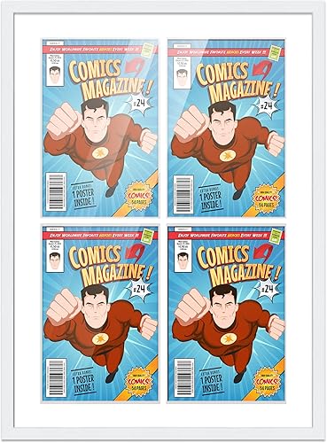 Marco de cómic con paspartú para 4 cómics de la era actual publicado después de 1985 - Marco de cómic blanco para cómics de 6.875 x 10.5