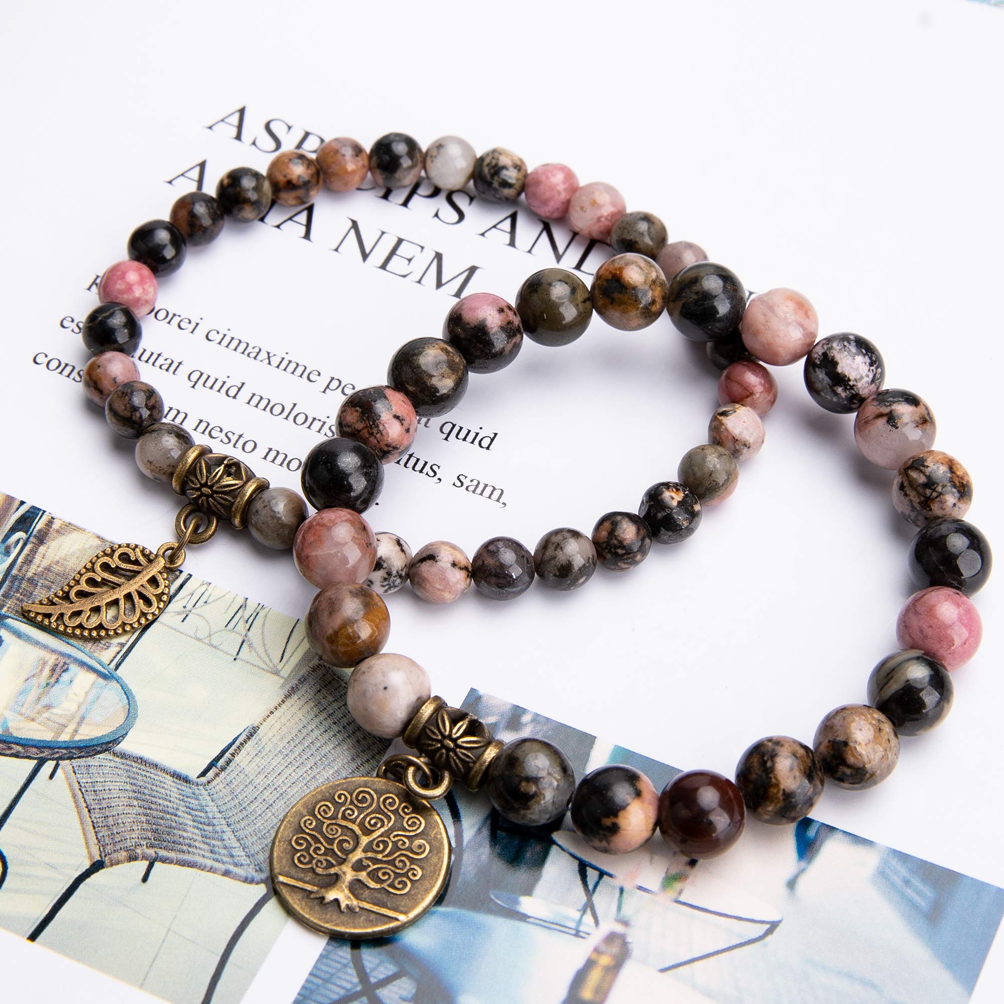 Farfume Chakra Bracelet En Pierre Naturelle - Bracelet Perles Naturelles Femme-Ensemble De Deux Bracelets Avec Accessoires Arbre De Vie Et Feuille