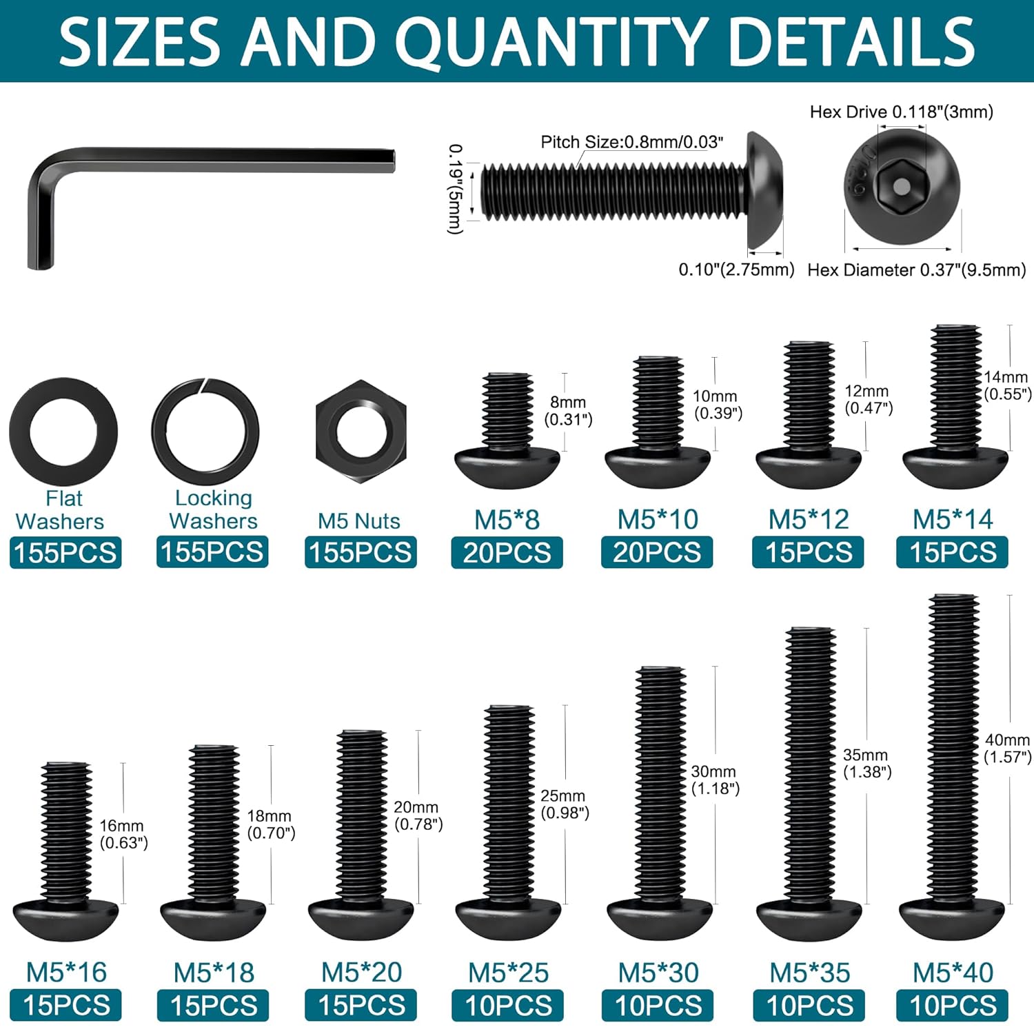 621PCS Black M5 Button Head Hex Socket Cap Screws, M5x8/10/12/14/16/18/20/25/30/35/40mm Metric Screws Bolts Nuts Washers Assortment Kit with Wrench,12.9 Grade Carbon Steel,Black Oxide Finish