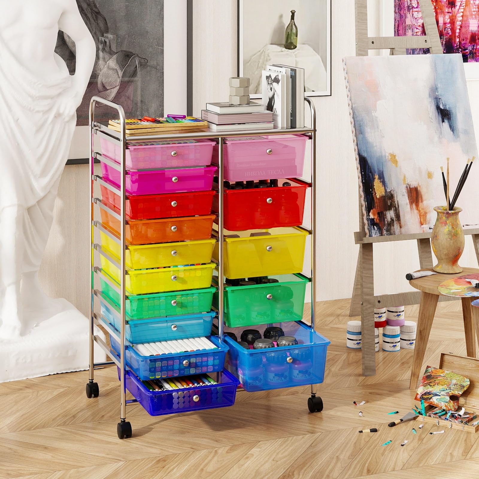 GIANTEX Chariot de salle de bain avec tiroirs empilables 10/15 avec roues universelles verrouillables, chariot de rangement pour la maison et le bureau, chariot de rangement sur roulettes (multicolore