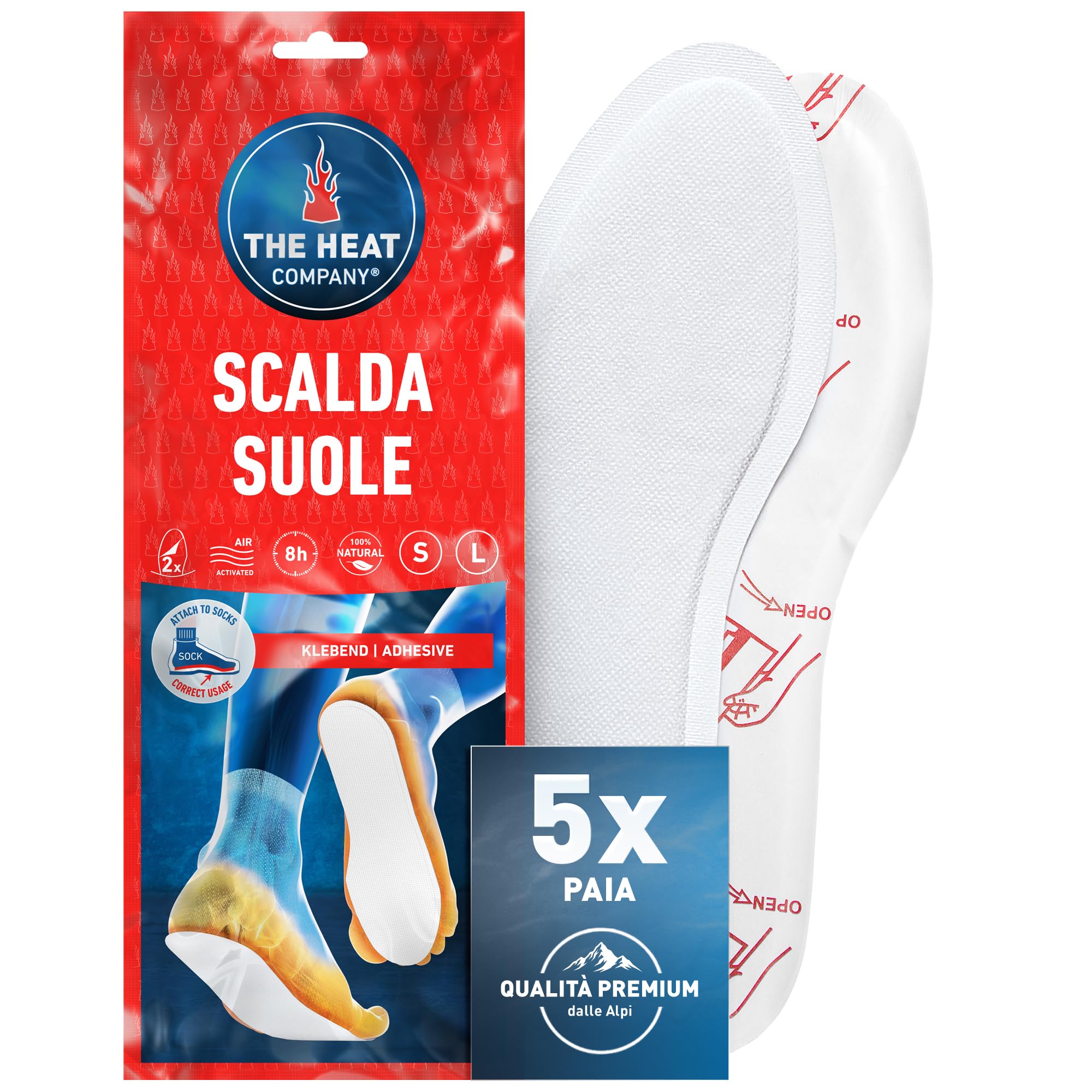 THE HEAT COMPANY Scalda-Suole Adesivo - 5 o 30 Paia - Extra Caldo - Scaldapiedi - 8 Ore Piedi Caldi - Pronti all'Uso - autoriscaldante - Puro Naturale - Taglia Small o Large