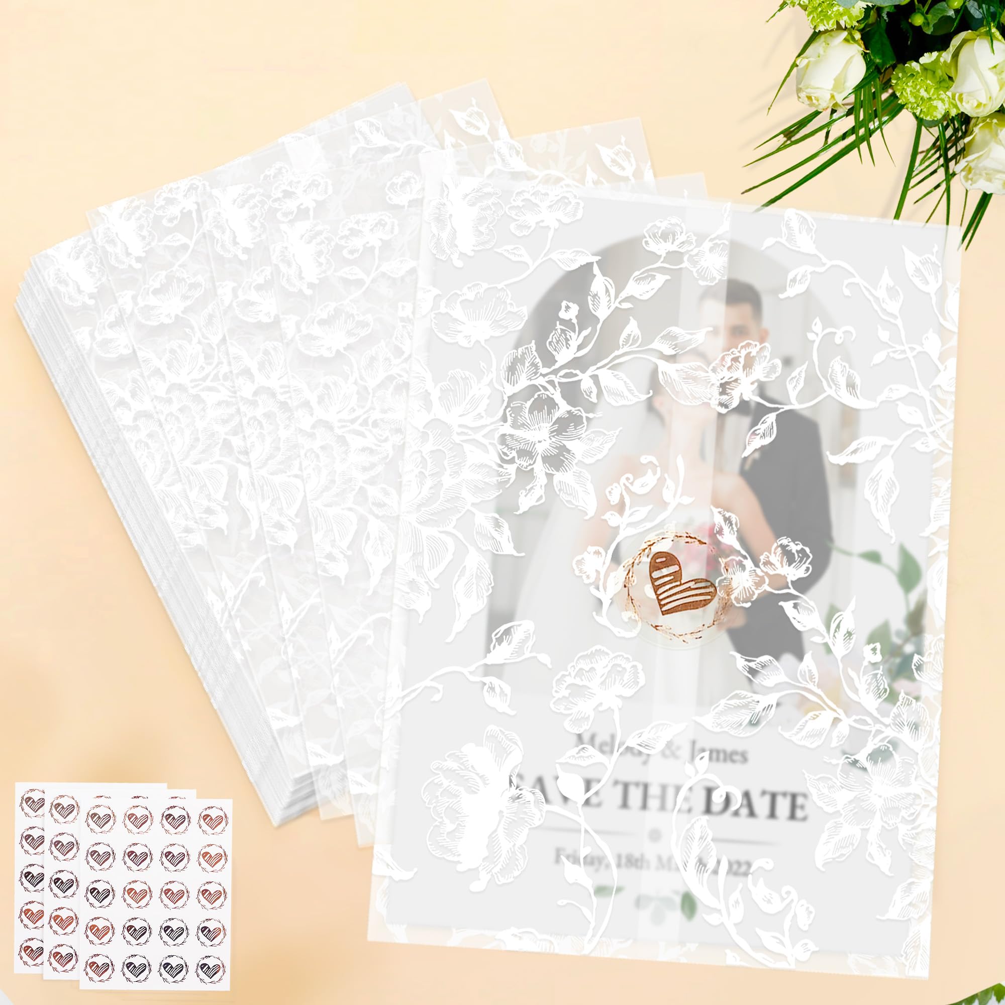 60Pack Vellum Jackets for 5x7 Invitations, Translucent Wedding Invitation Accessories with 60Pcs Heart Envelope Stickers, Pre-Folded Vellum Paper