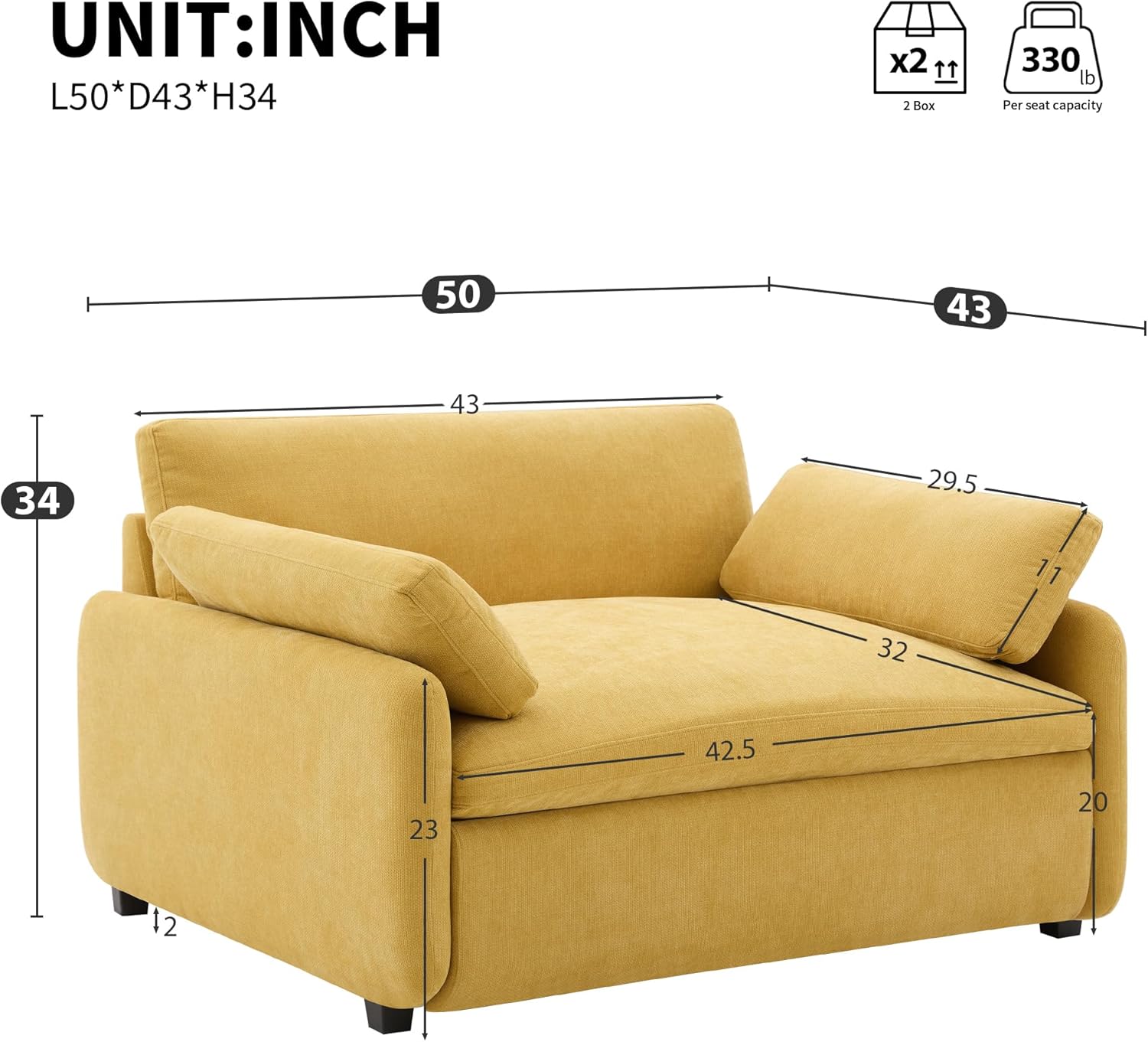 Eafurn 50" Extra Wide Armchair with 2 Pillows, Modern Oversized Accent Chair for Living Room & Bedroom, Soft Chenille Fabric Comfy Reading Chair, Sturdy Solid Wood Frame Deep Seat Lounge Sofa