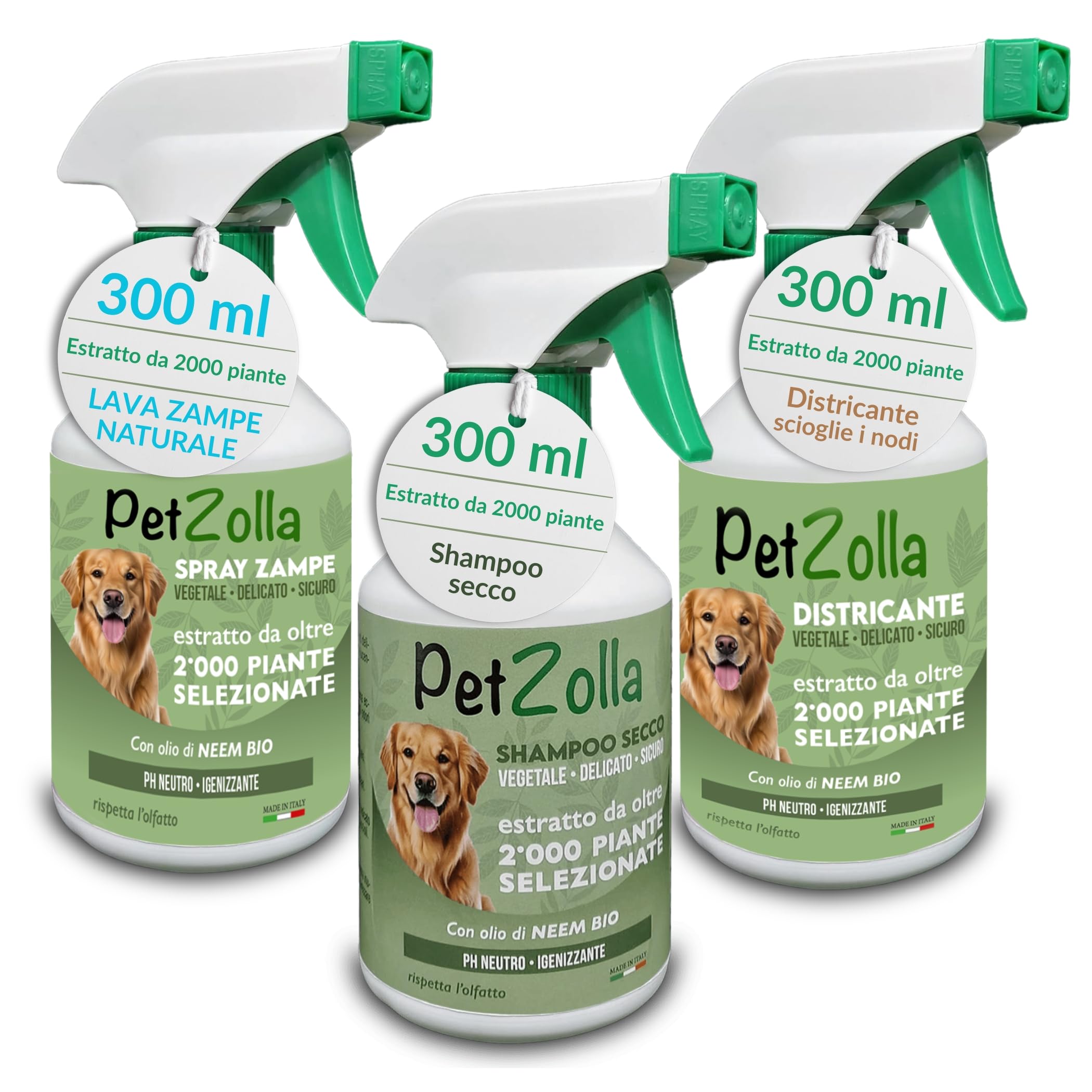 Kit Shampoo secco per cani senza risciacquo 300ml, Spray districante sciogli nodi pelo cane 300 ml e Spray pulisci zampe 300ml, formula naturale con olio di neem timo e argan - Made in Italy