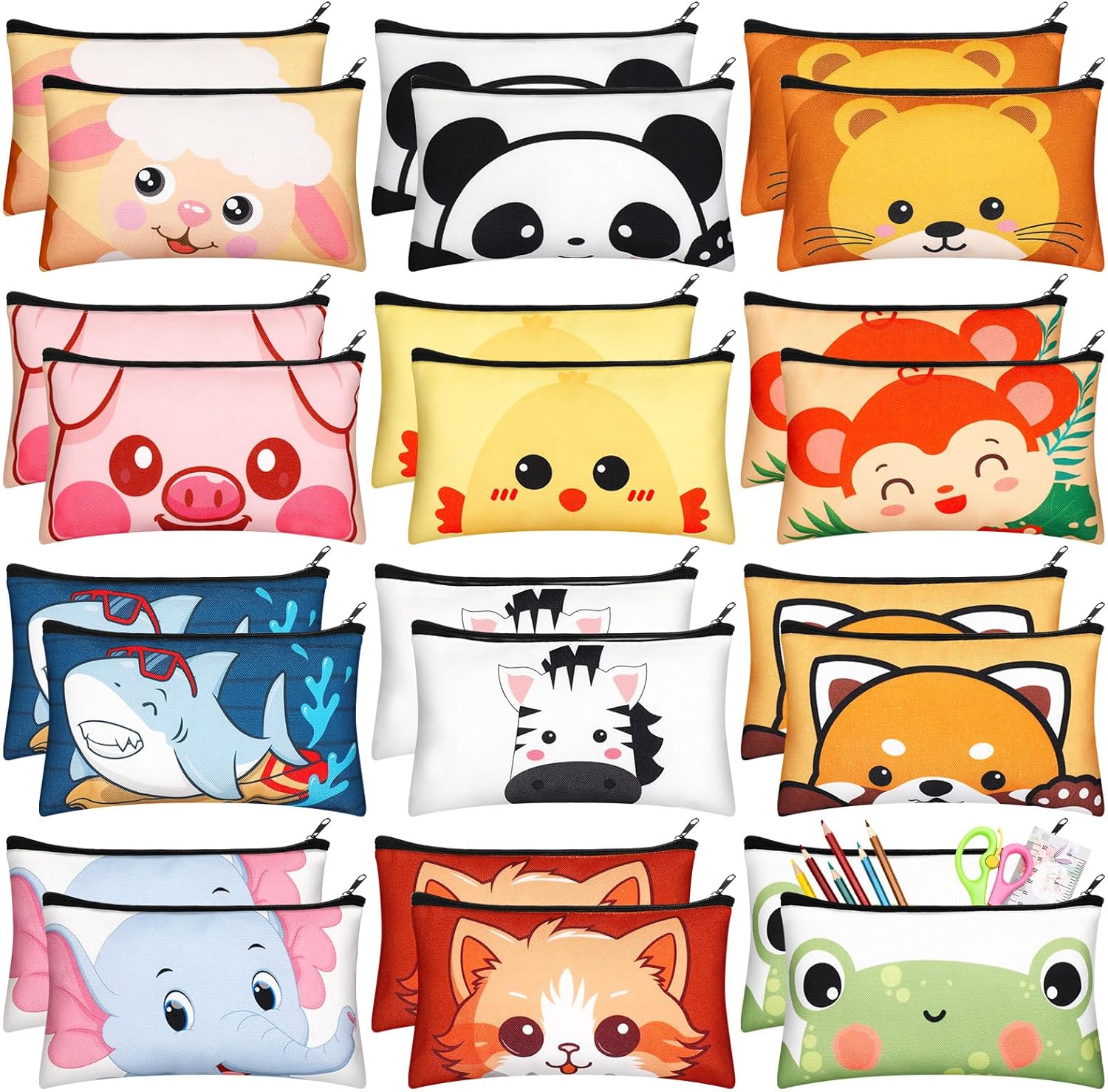 Dispowreath 24 Pcs Cartoon Zipper Pencil Pouch Bulk Cute Cartoon Pencil Case Multicolored Cat Panda Pen Bag Stationery Spring Back to School First Day of School Gifts for Boys and Girls