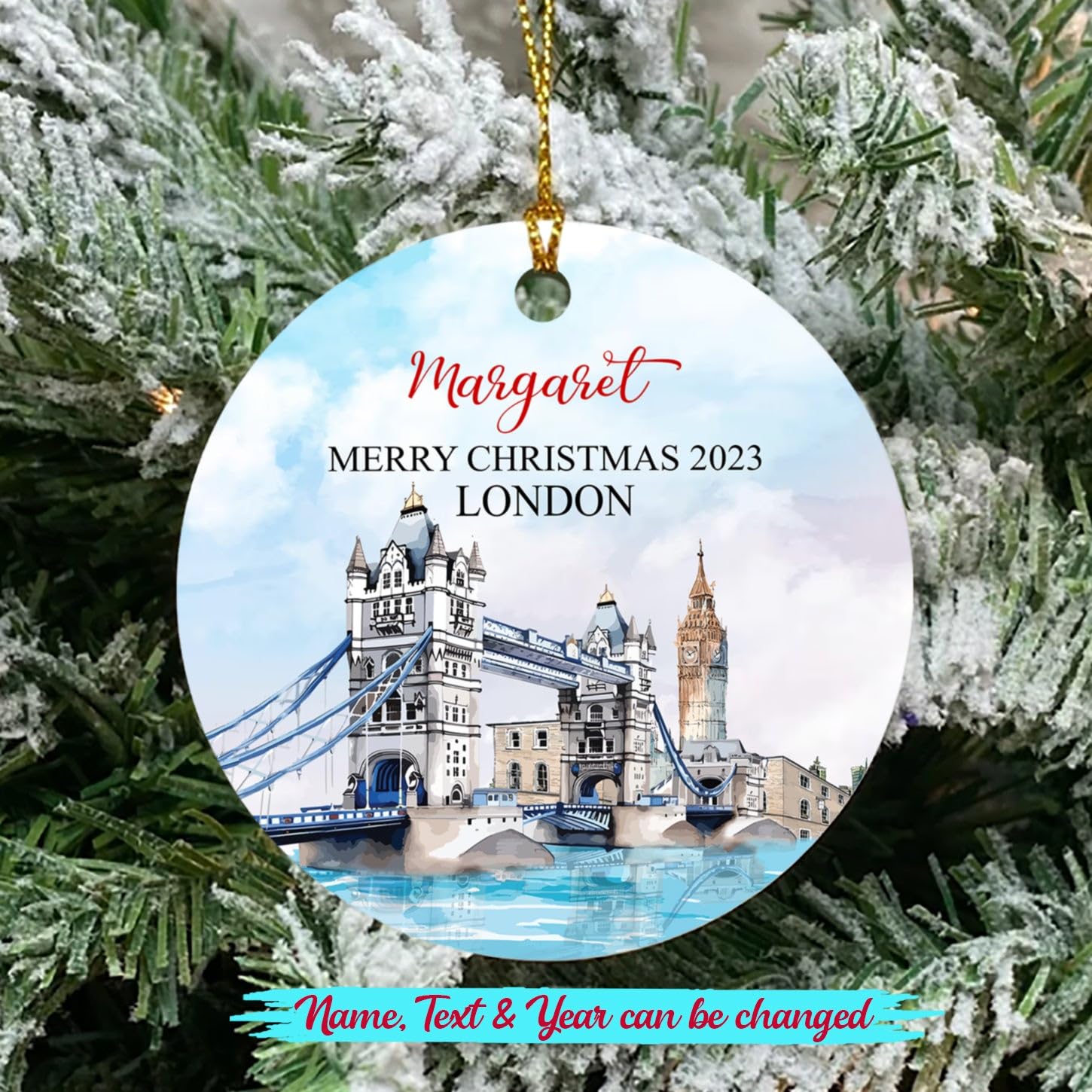 Personalized London Christmas Ornament 2025, United Kingdom London Tower Bridge Ornaments, London Lover Xmas Ornament Gift for Birthday Christmas, Customized Name Text Tower Bridge Ornament Christmas
