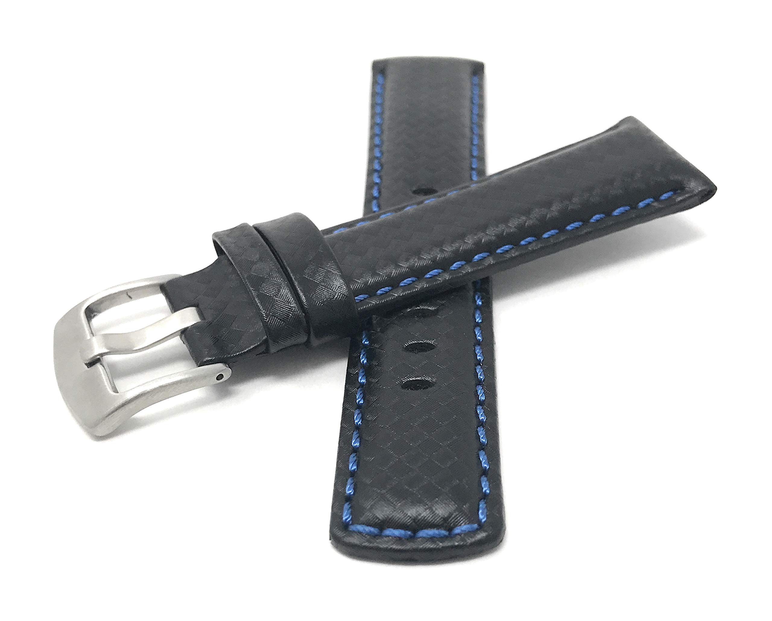 Bandini 22mm Mens Italian Leather Watch Band Strap - Carbon Fiber - Black with Blue Stitch