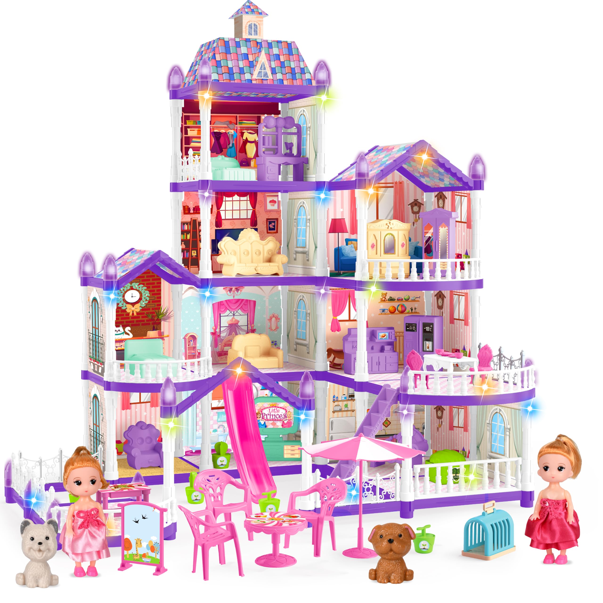 Doll House for Girls ,10 Rooms Purple Doll House with Dolls Figure, Puppies ,Furnitures, Accessories, LED Light, Toddler Playhouse Gift for for 3 4 5 6 7 8 9 10 Year Old Girls Toys