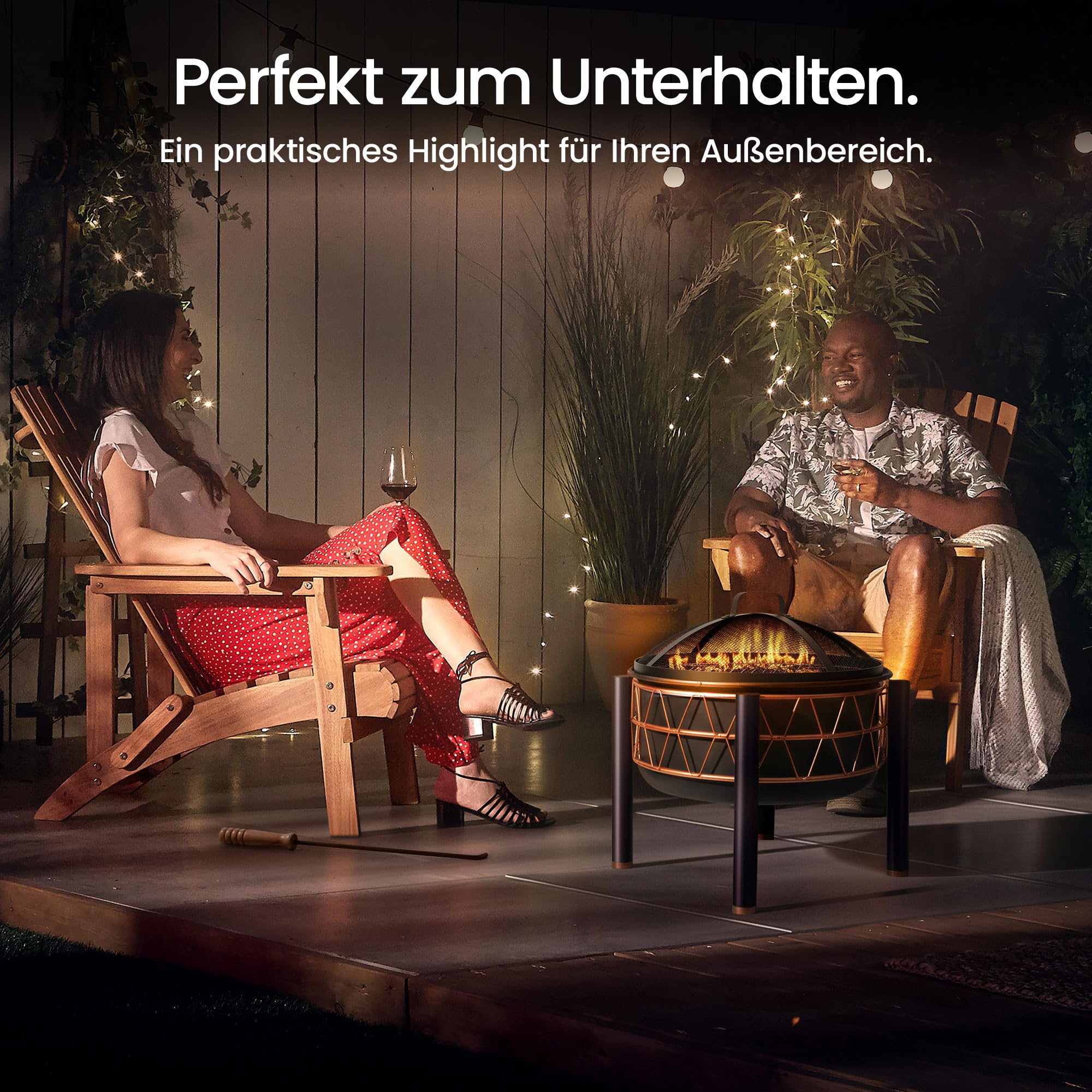 VonHaus BBQ Feuerstelle, 2-in-1 Feuerschale für Garten, Terrasse und Outdoor, Feuerkorb aus Stahl mit Kupferdetail, Feuerschale mit Funkenschutz, Schürhaken und Grillrost, Nutzbar mit Holz und Kohle