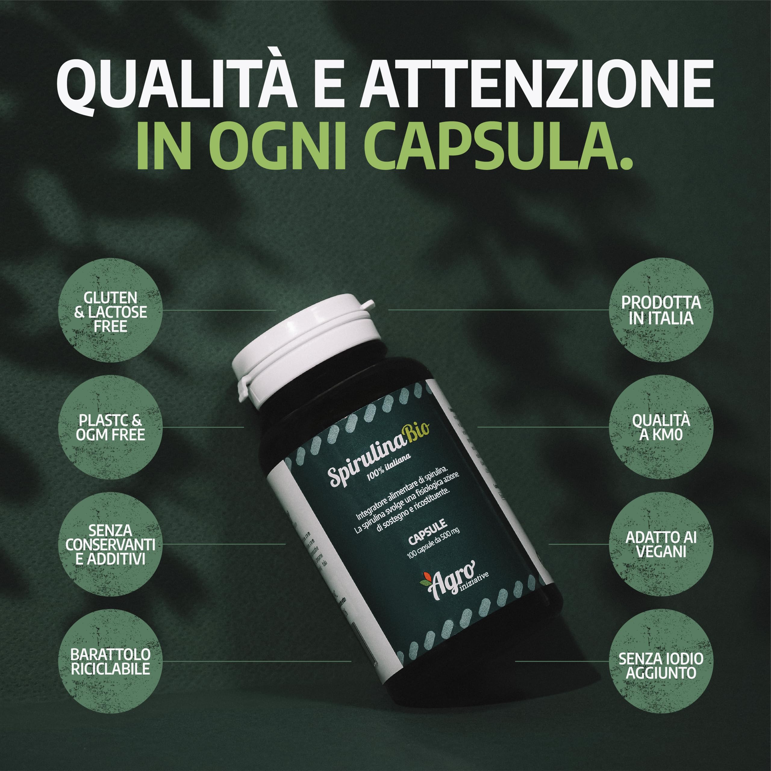 AGROINIZIATIVE SPIRULINA BIO 100 Cps Alga Spirulina Pura 100% 500 Mg Senza Glutine e Iodio Integratore Spirulina Concentrata Ricca di Ficocianina Ferro Omega 6 Spirulina Biologica PRODOTTA IN ITALIA