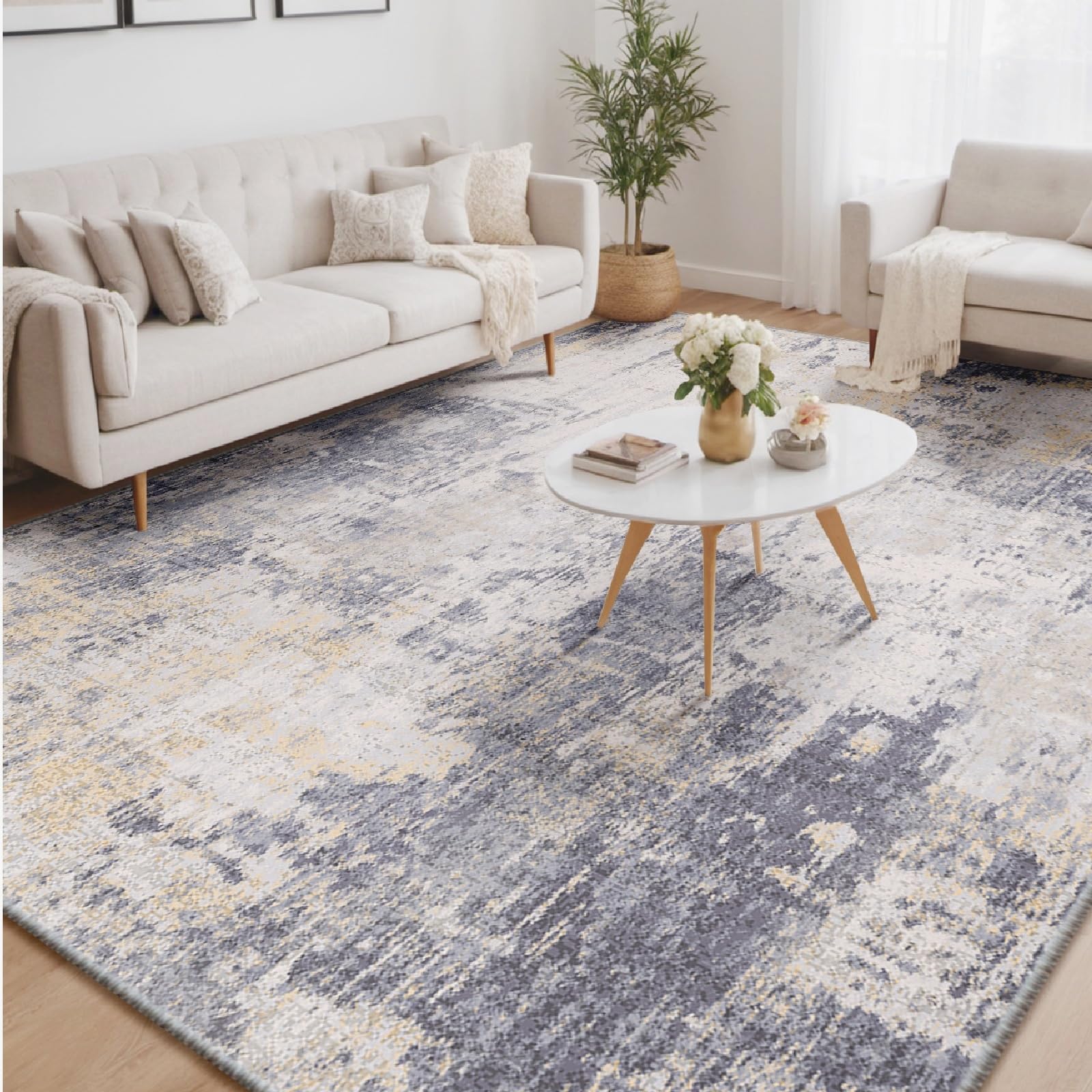 Washable Area Rugs 9'x12' Non-Slip Modern Abstract Soft for Living Room Entryway Bedroom, Blue Grey Cream Yellow